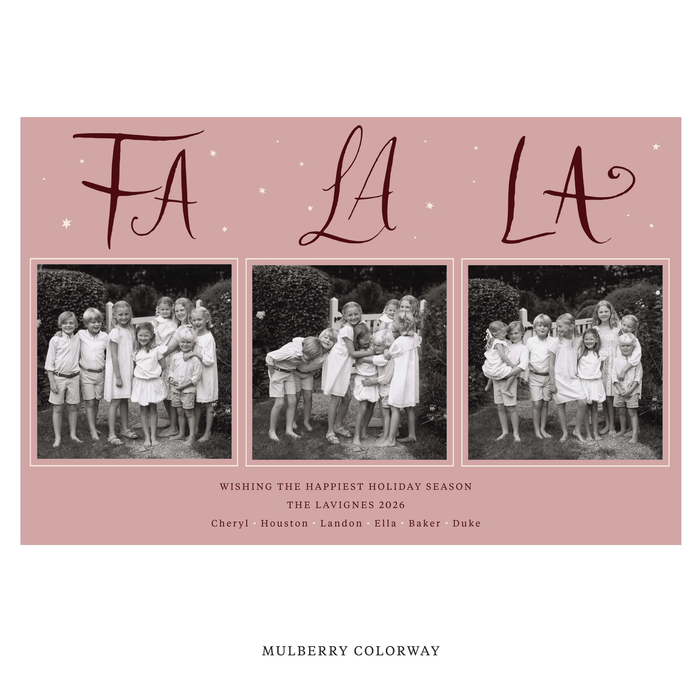 Celebrate the season with the Chadwick "Fa La La" Holiday Card by Stovall Collection. Featuring original hand-lettered artwork, this luxury personalized photo mount holiday card is available in 22 thoughtfully curated flat printing colorways.