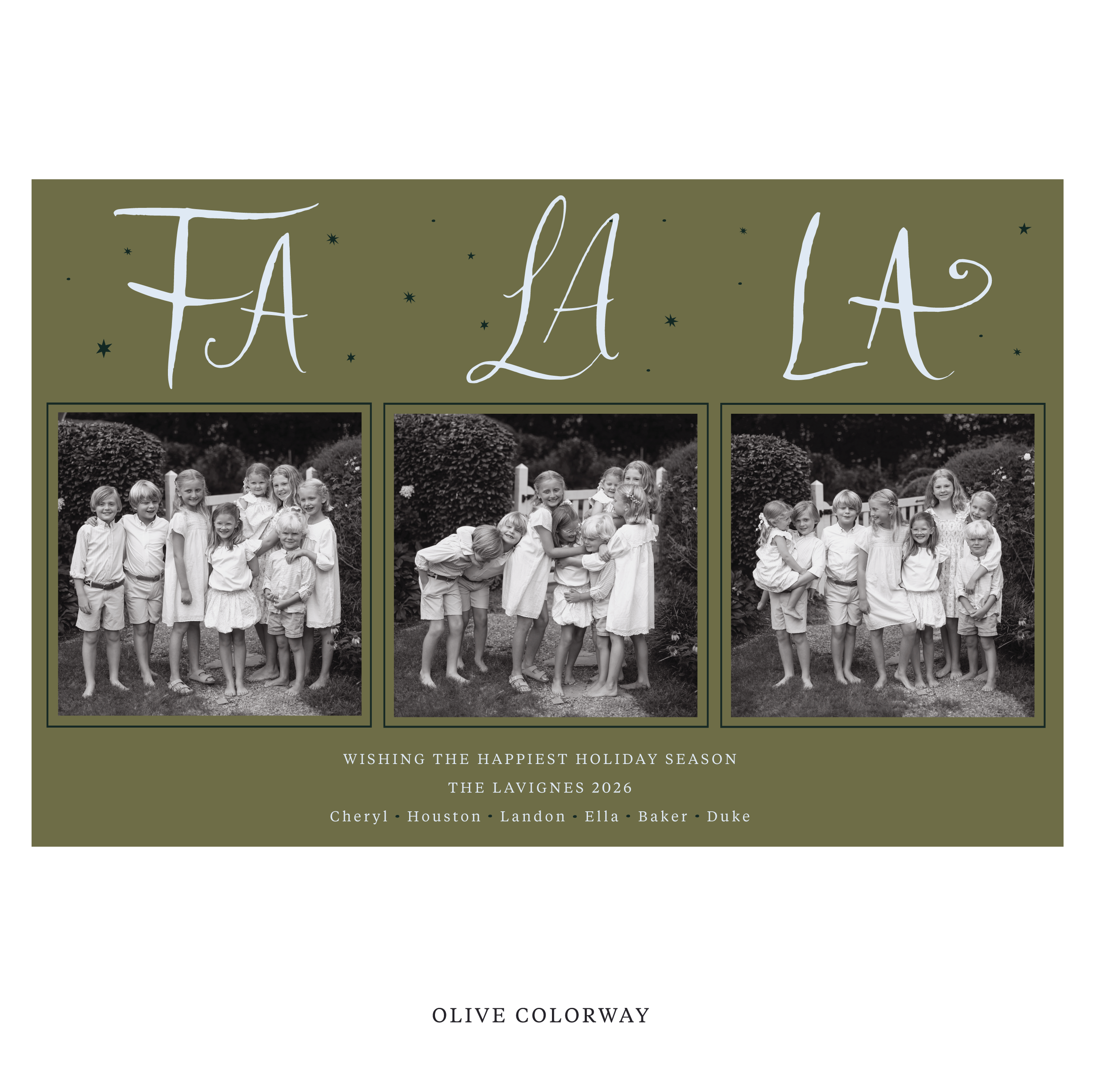 Celebrate the season with the Chadwick "Fa La La" Holiday Card by Stovall Collection. Featuring original hand-lettered artwork, this luxury personalized photo mount holiday card is available in 22 thoughtfully curated flat printing colorways.