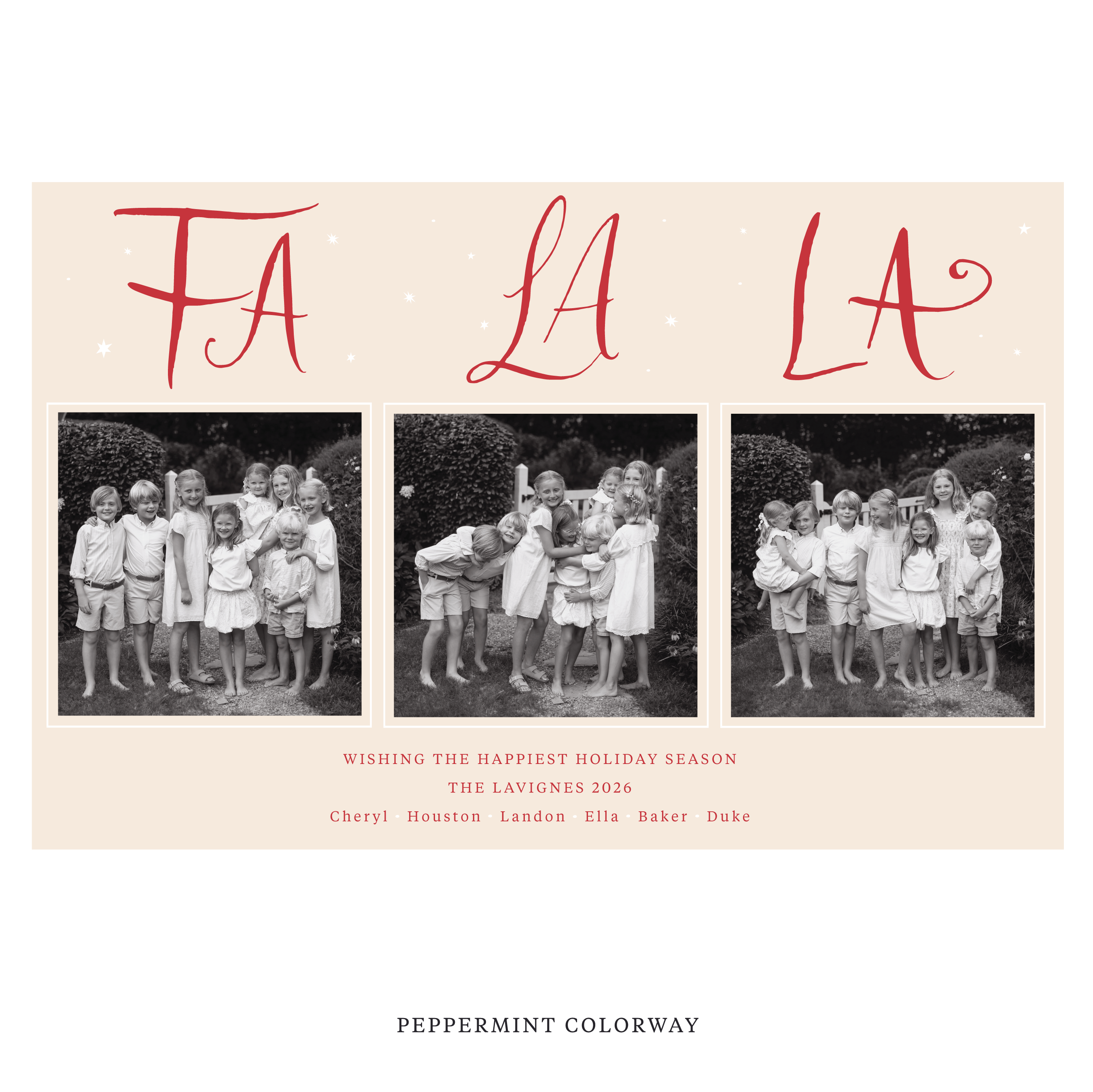 Celebrate the season with the Chadwick "Fa La La" Holiday Card by Stovall Collection. Featuring original hand-lettered artwork, this luxury personalized photo mount holiday card is available in 22 thoughtfully curated flat printing colorways.