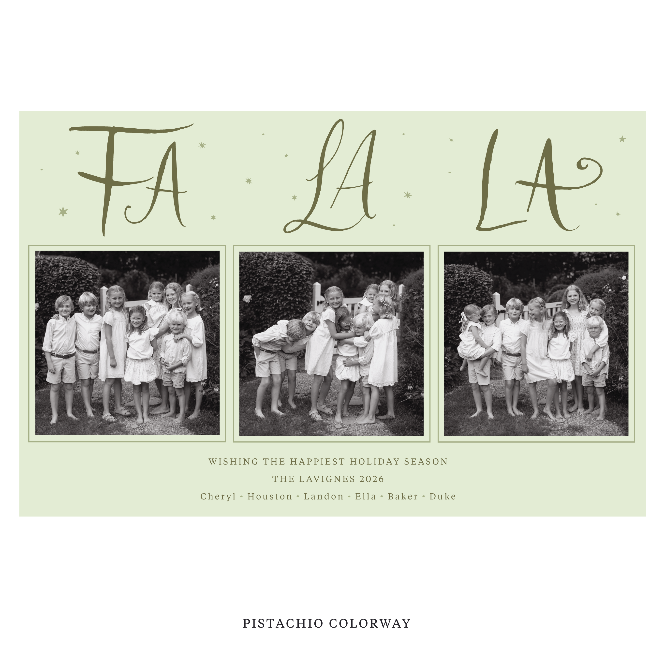 Celebrate the season with the Chadwick "Fa La La" Holiday Card by Stovall Collection. Featuring original hand-lettered artwork, this luxury personalized photo mount holiday card is available in 22 thoughtfully curated flat printing colorways.