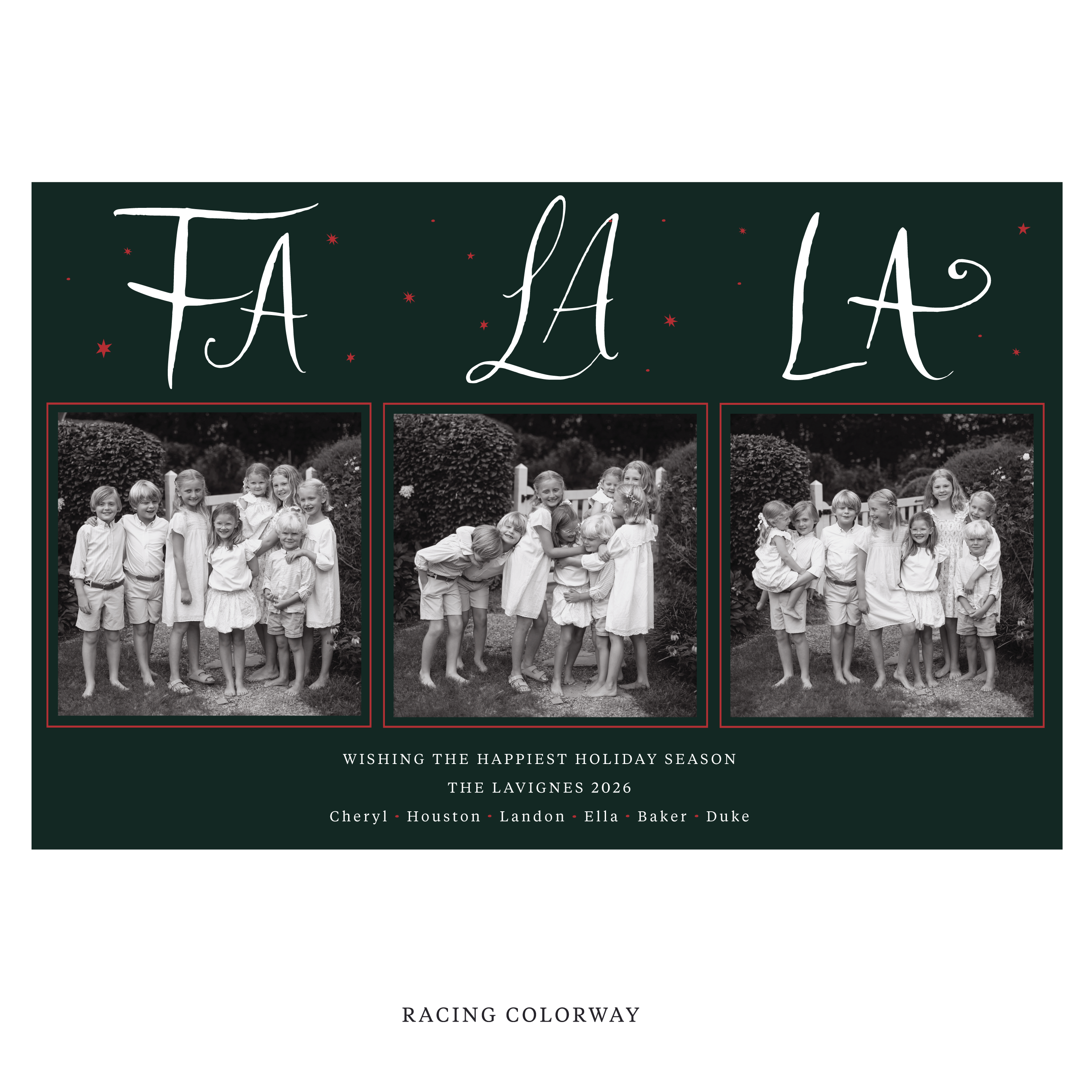 Celebrate the season with the Chadwick "Fa La La" Holiday Card by Stovall Collection. Featuring original hand-lettered artwork, this luxury personalized photo mount holiday card is available in 22 thoughtfully curated flat printing colorways.