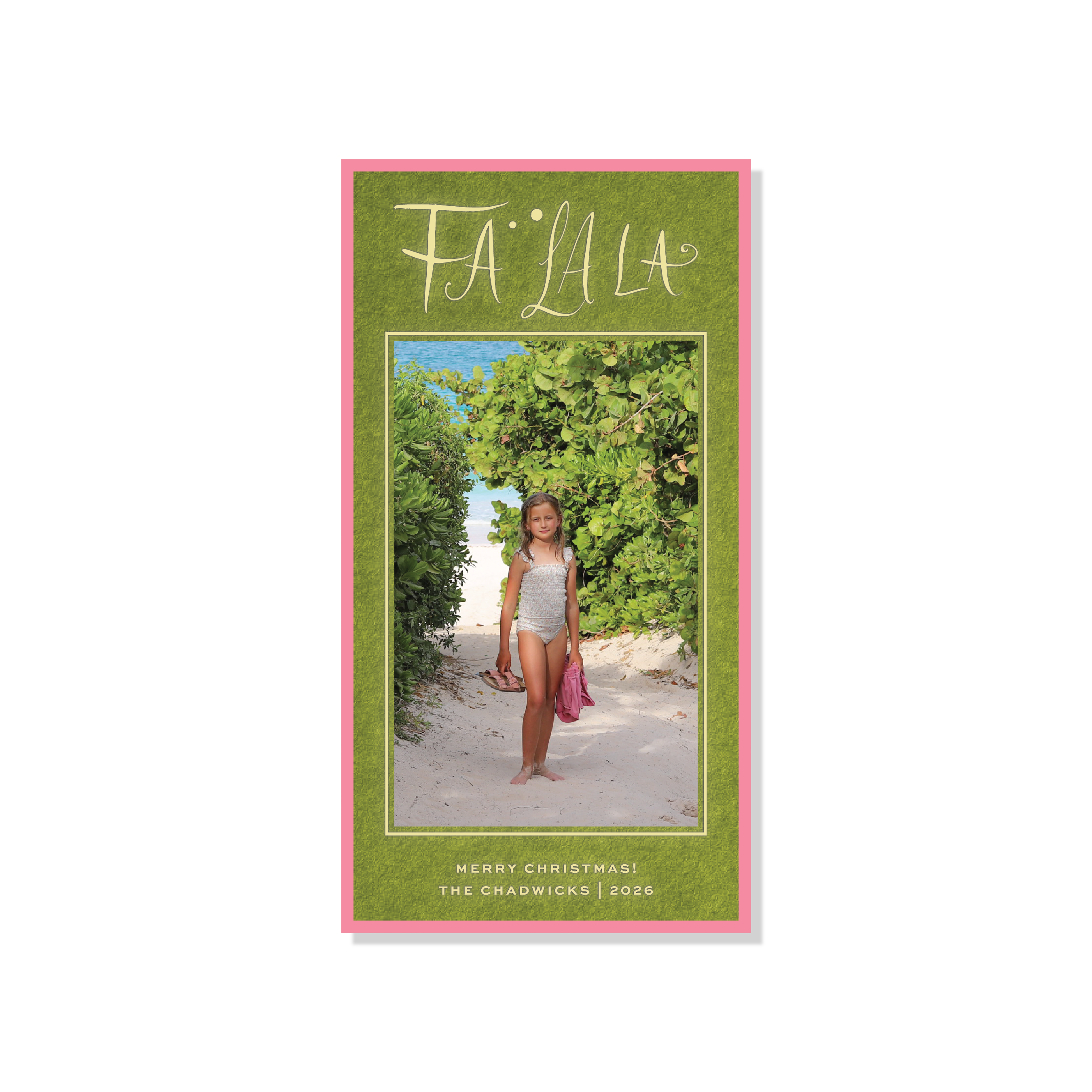 Chadwick Engraved Photo Christmas Card featuring a vertical family photograph, playful “Fa La La” lettering, personalized wording, and traditional engraving.
