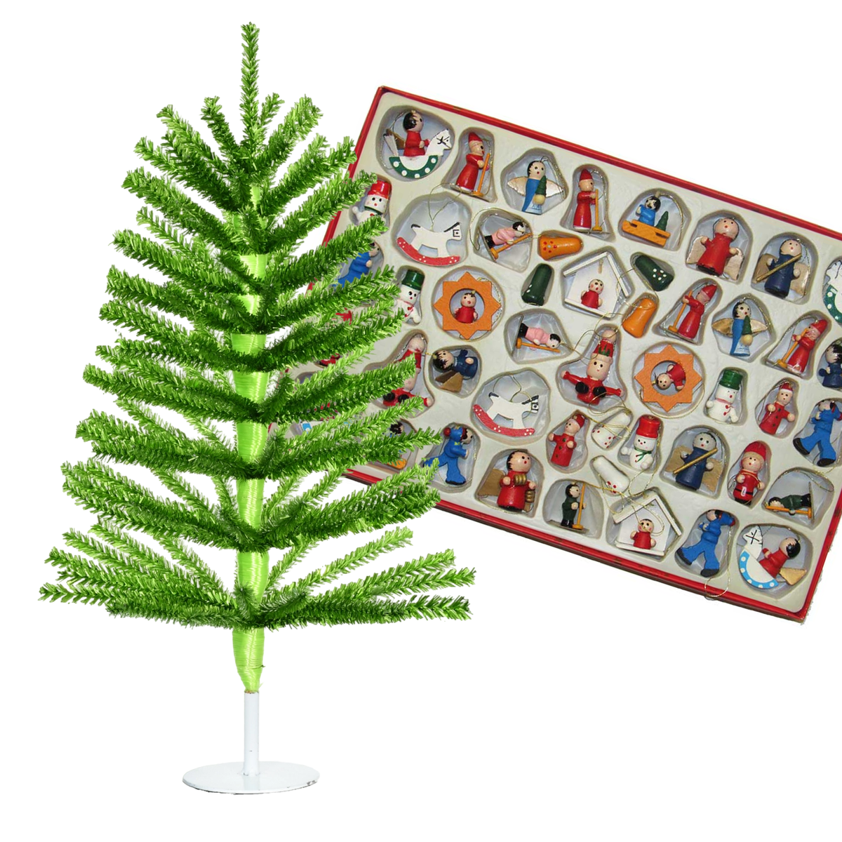 18 inch green foil mini Christmas tree with boxed set of 48 nostalgic miniature Christmas ornaments