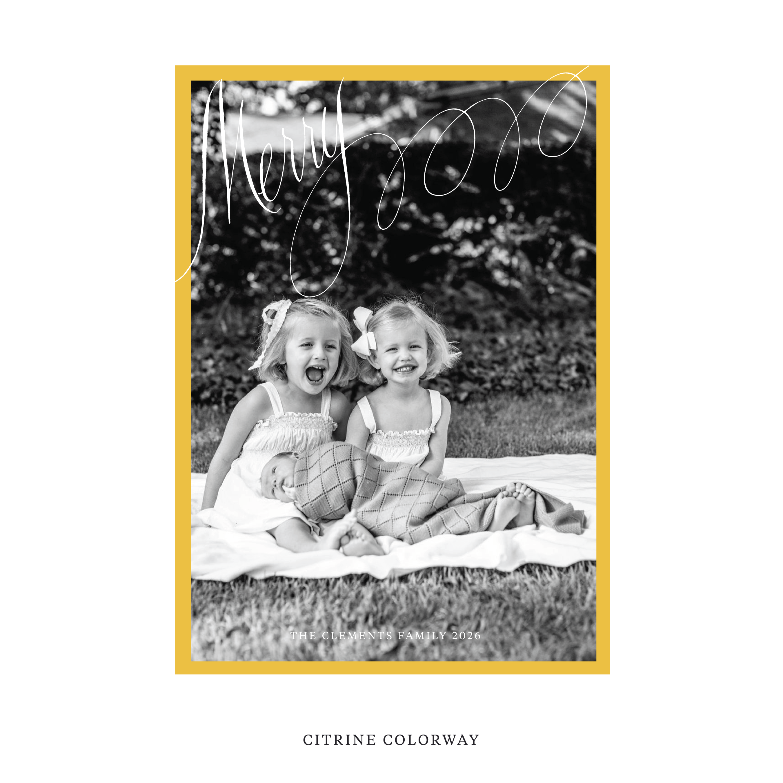Celebrate the season with the Clement "Merry" Holiday Card by Stovall Collection. Featuring original hand-lettered artwork, this luxury personalized photo mount holiday card is available in 22 thoughtfully curated flat printing colorways.