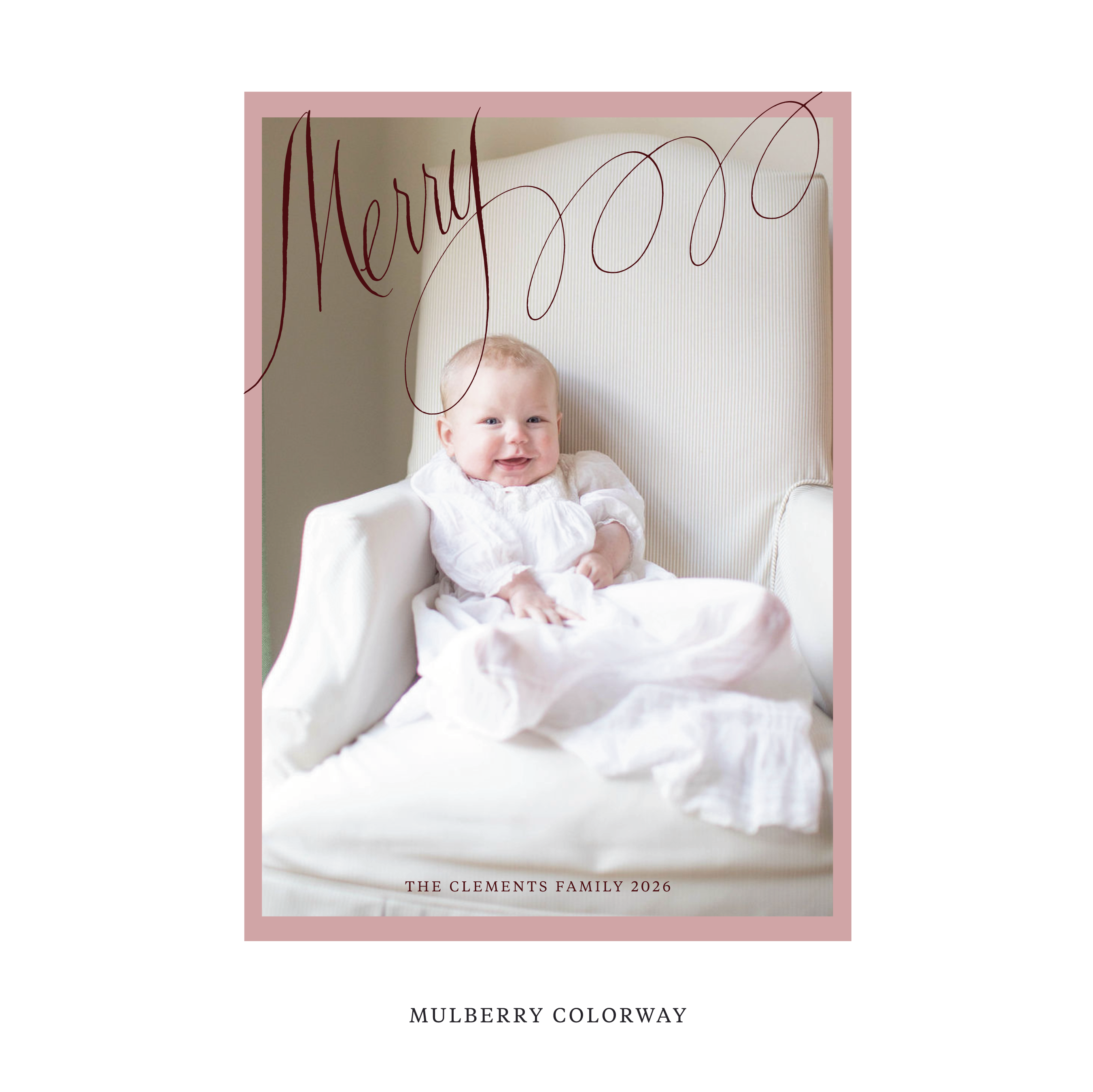 Celebrate the season with the Clement "Merry" Holiday Card by Stovall Collection. Featuring original hand-lettered artwork, this luxury personalized photo mount holiday card is available in 22 thoughtfully curated flat printing colorways.