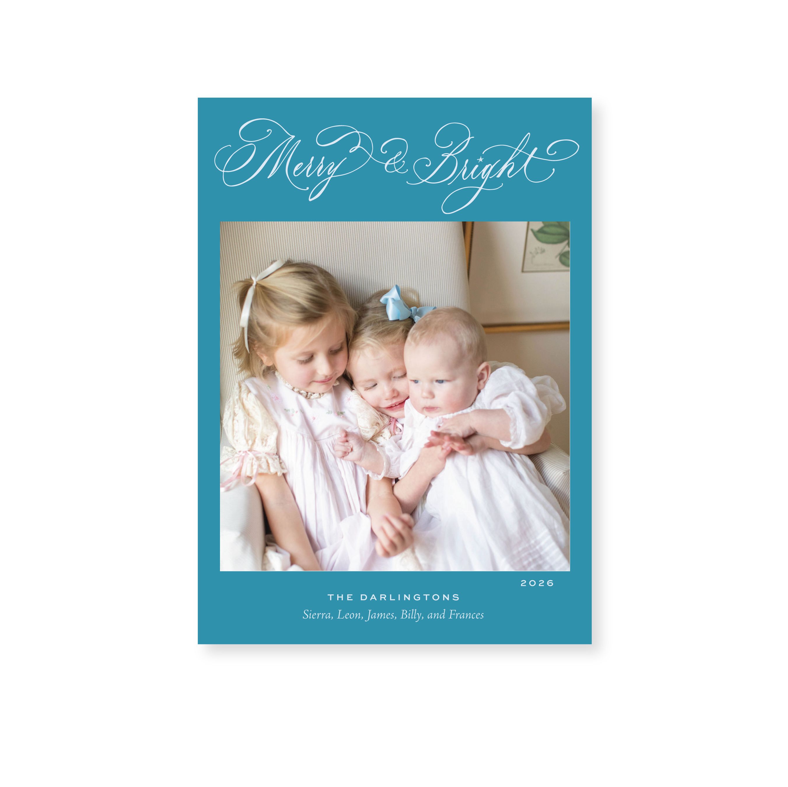 Ellington Classic Flat Print Merry & Bright photo mount holiday card featuring elegant hand-lettered artwork by Stovall Collection.
