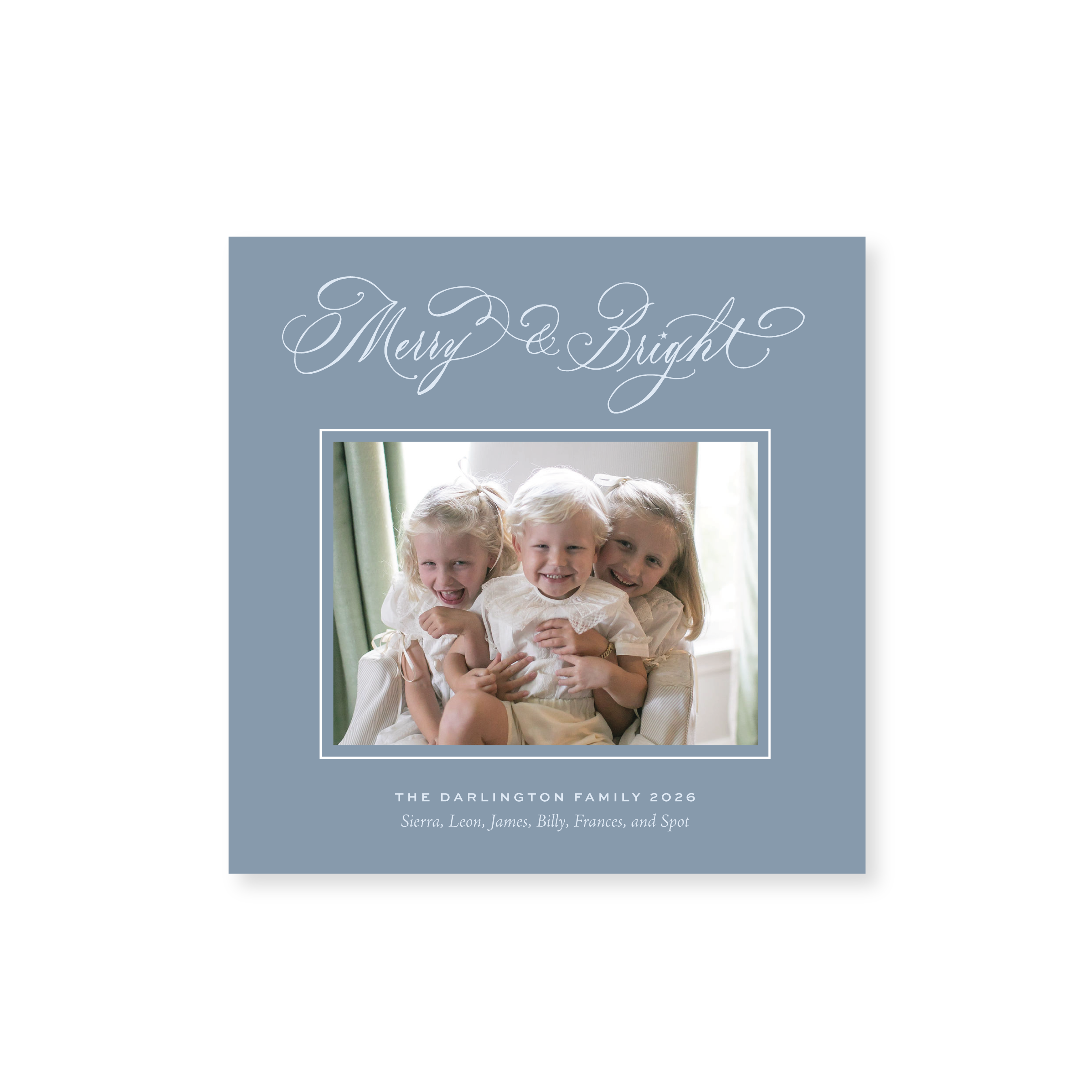 Ellington Classic Flat Print Merry & Bright photo mount holiday card featuring elegant hand-lettered artwork by Stovall Collection.