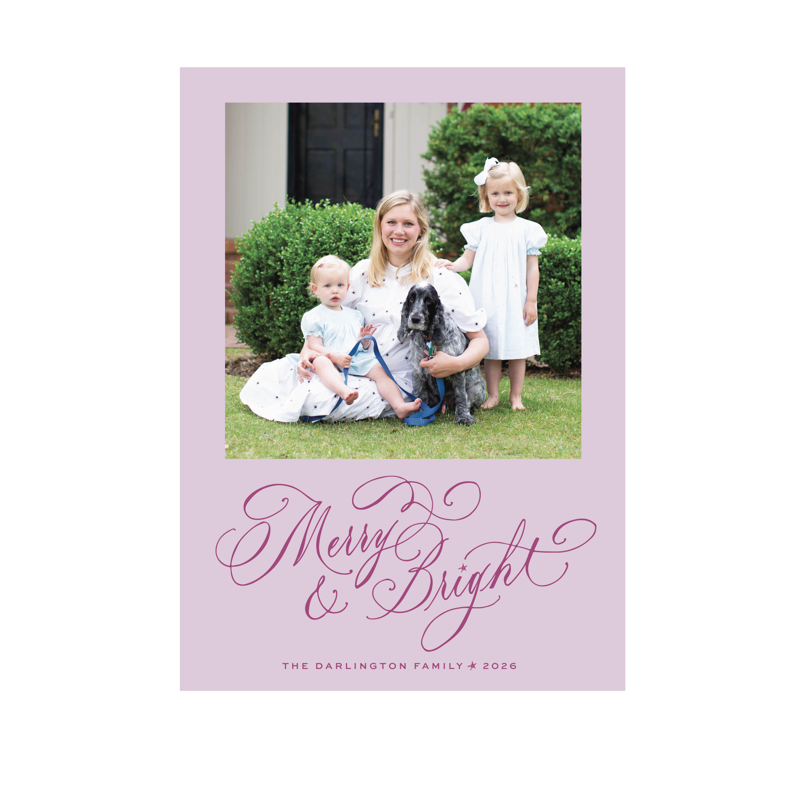 Ellington Classic Flat Print Merry & Bright photo mount holiday card featuring elegant hand-lettered artwork by Stovall Collection.
