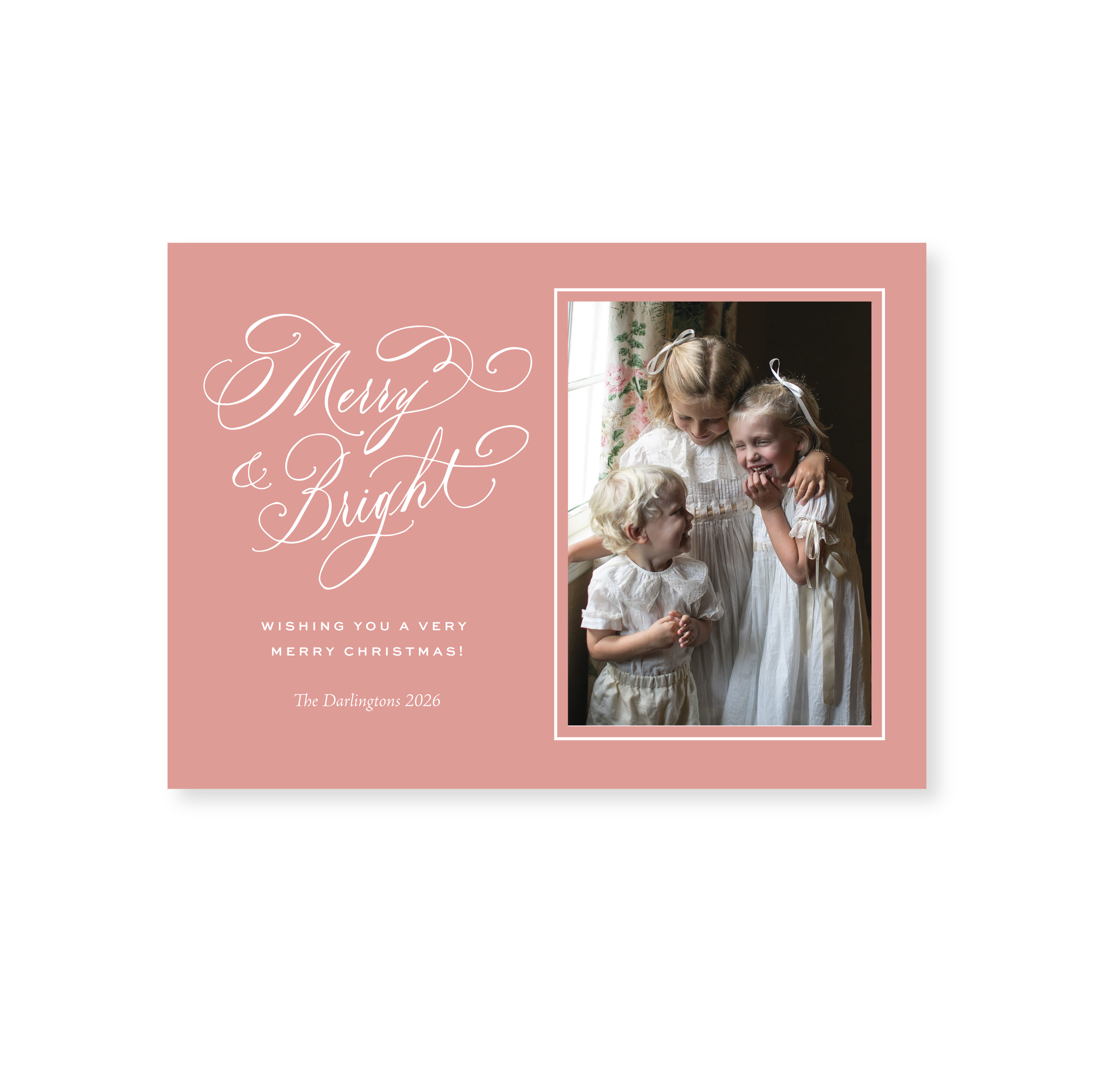 Ellington Classic Flat Print Merry & Bright photo mount holiday card featuring elegant hand-lettered artwork by Stovall Collection.
