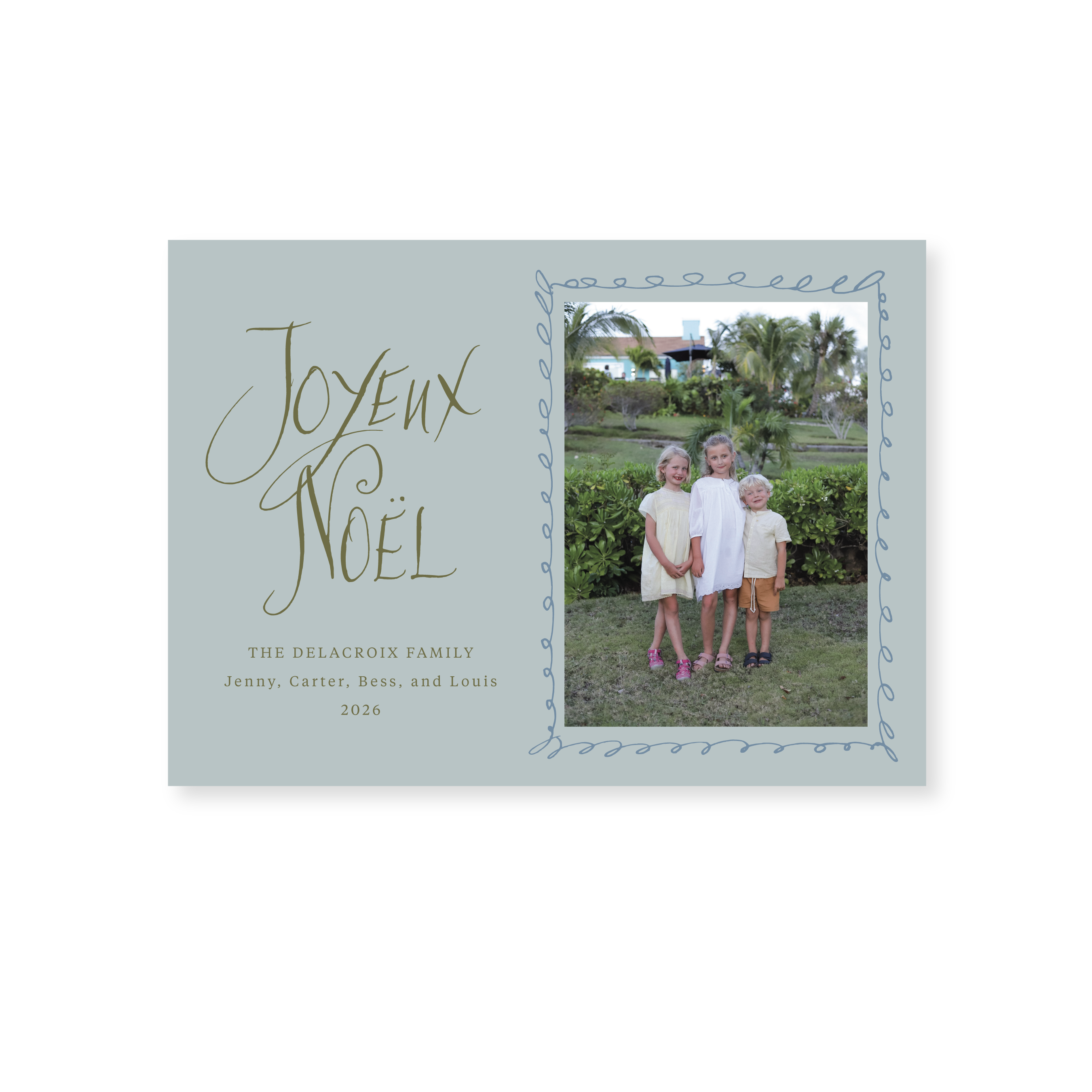 Dorsett Classic Flat Print Joyeux Noël photo holiday card featuring original pen-and-ink artwork by Stovall Collection.