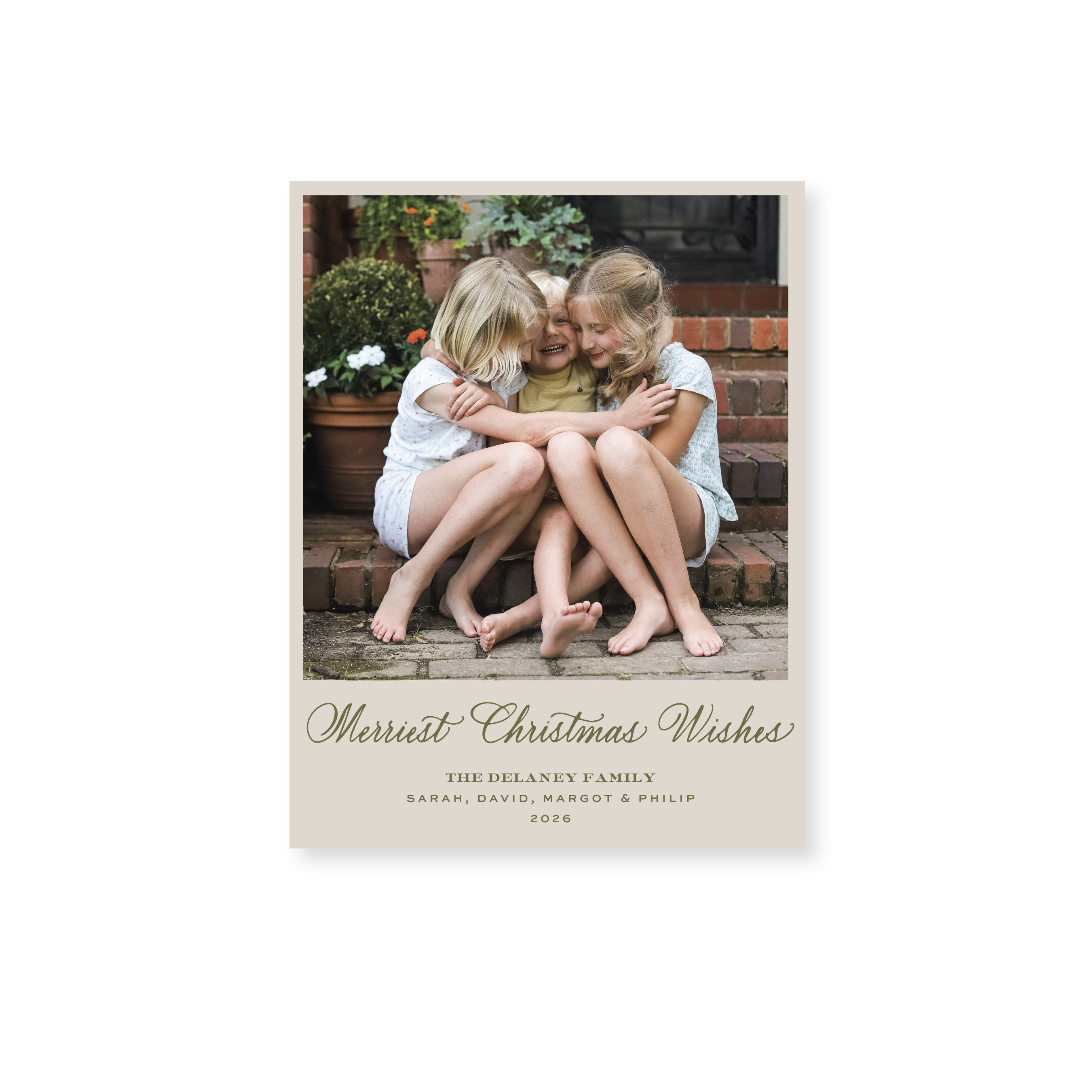 Goodwin Classic Flat Print Merriest Christmas Wishes photo mount holiday card featuring elegant hand-lettered artwork by Stovall Collection.