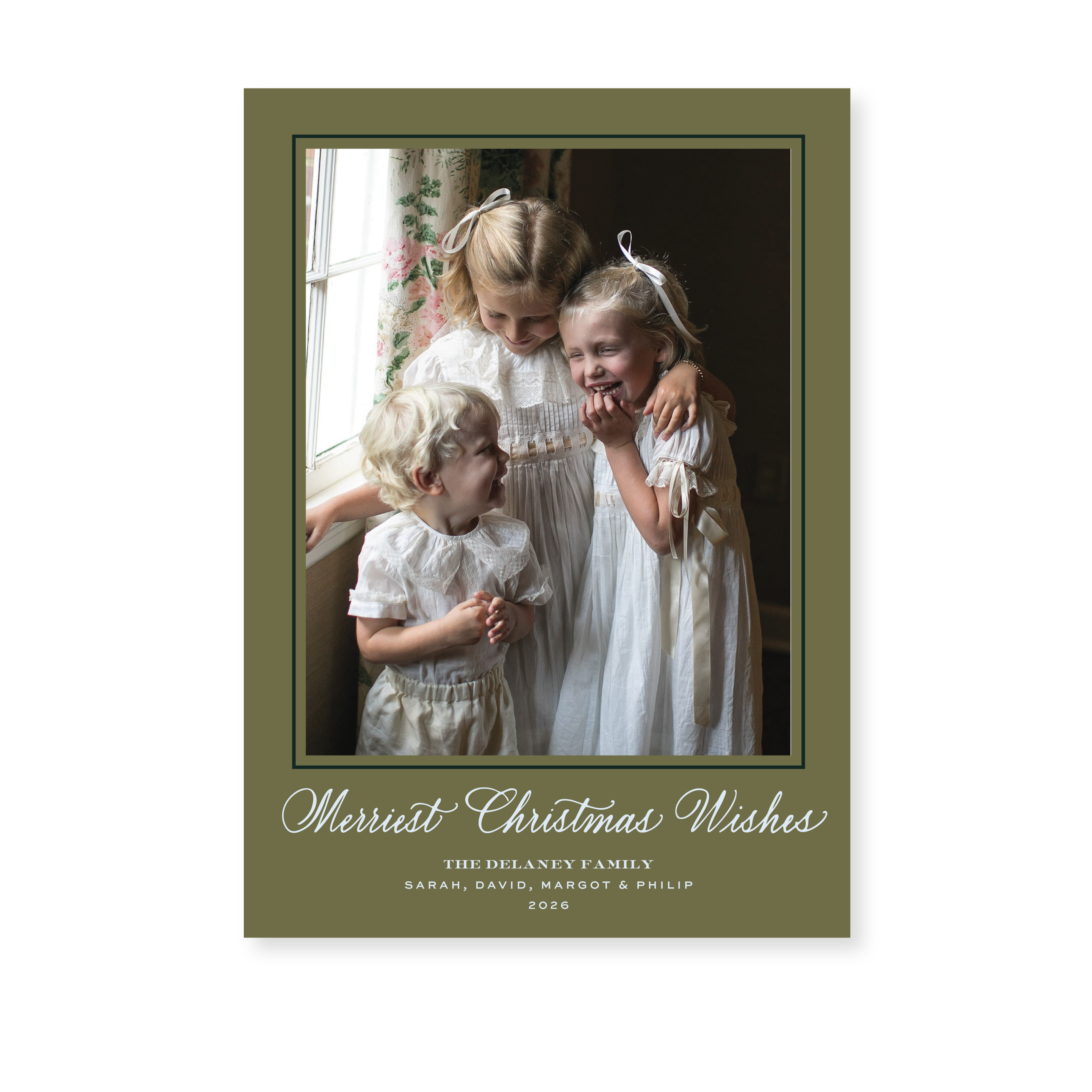 Goodwin Classic Flat Print Merriest Christmas Wishes photo mount holiday card featuring elegant hand-lettered artwork by Stovall Collection.