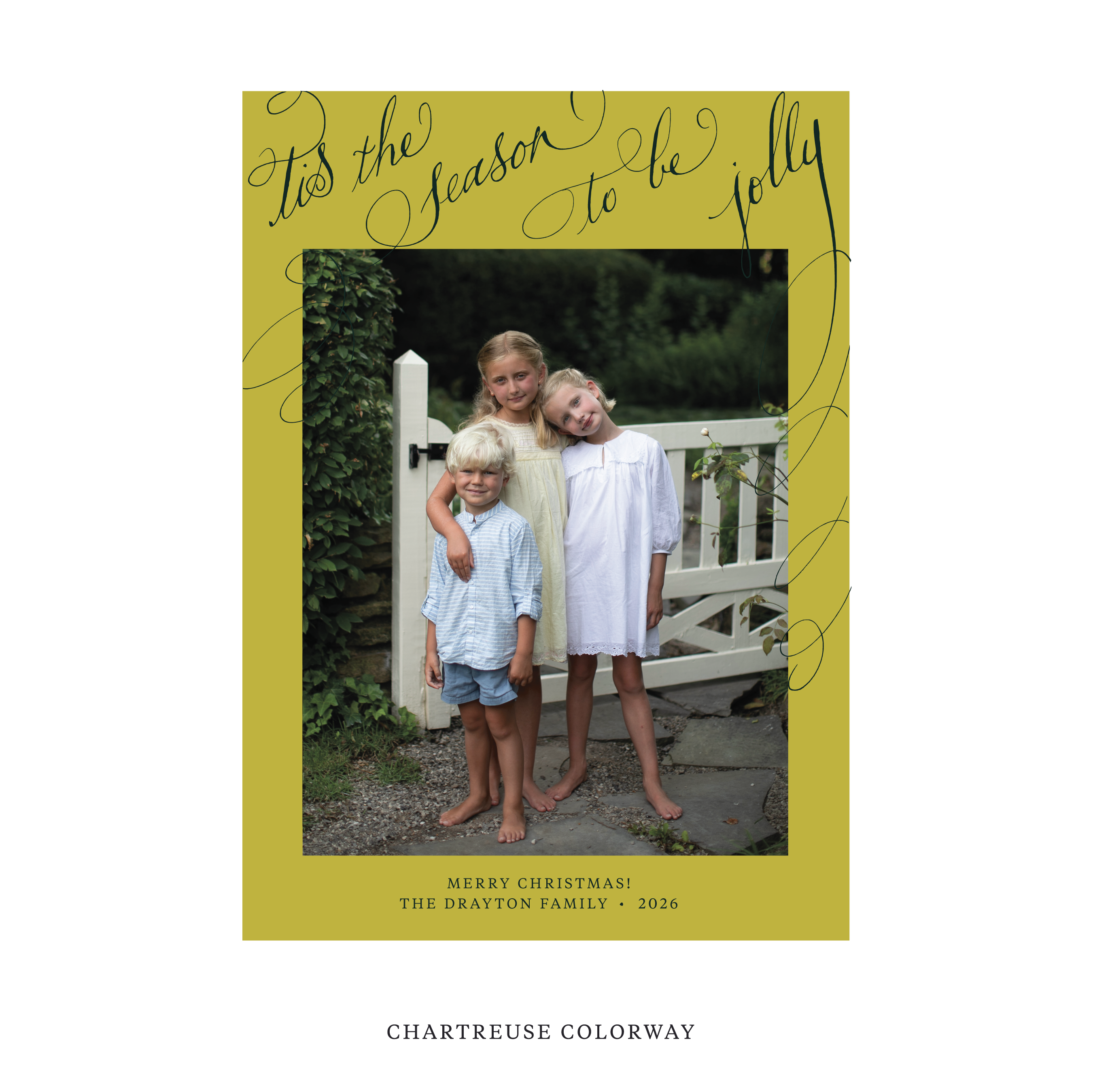 Celebrate the season with the Drayton "Tis the Season to be Jolly" Holiday Card by Stovall Collection. Featuring original hand-lettered artwork, this luxury personalized photo mount holiday card is available in 22 thoughtfully curated flat printing colorways.