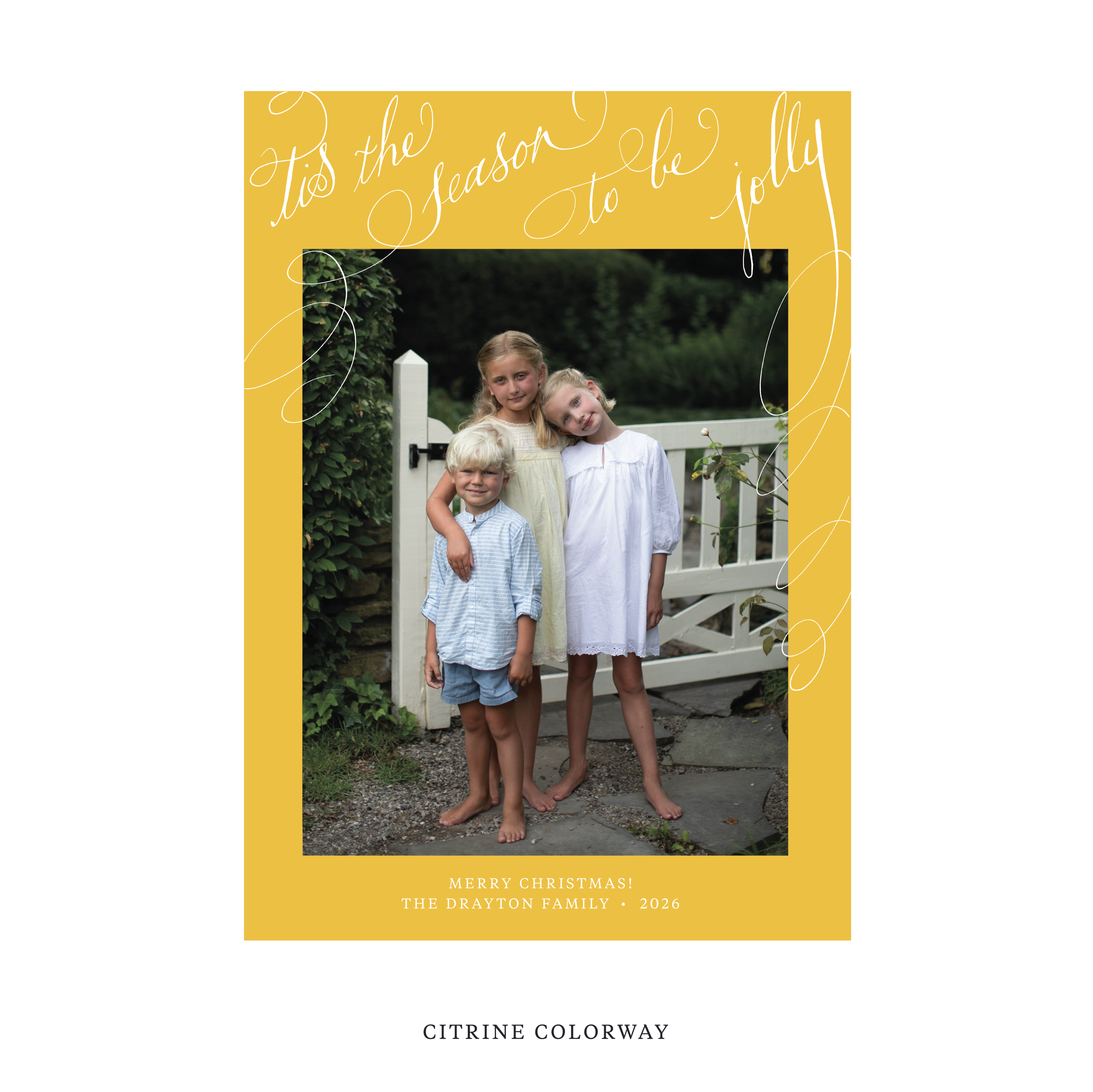 Celebrate the season with the Drayton "Tis the Season to be Jolly" Holiday Card by Stovall Collection. Featuring original hand-lettered artwork, this luxury personalized photo mount holiday card is available in 22 thoughtfully curated flat printing colorways.