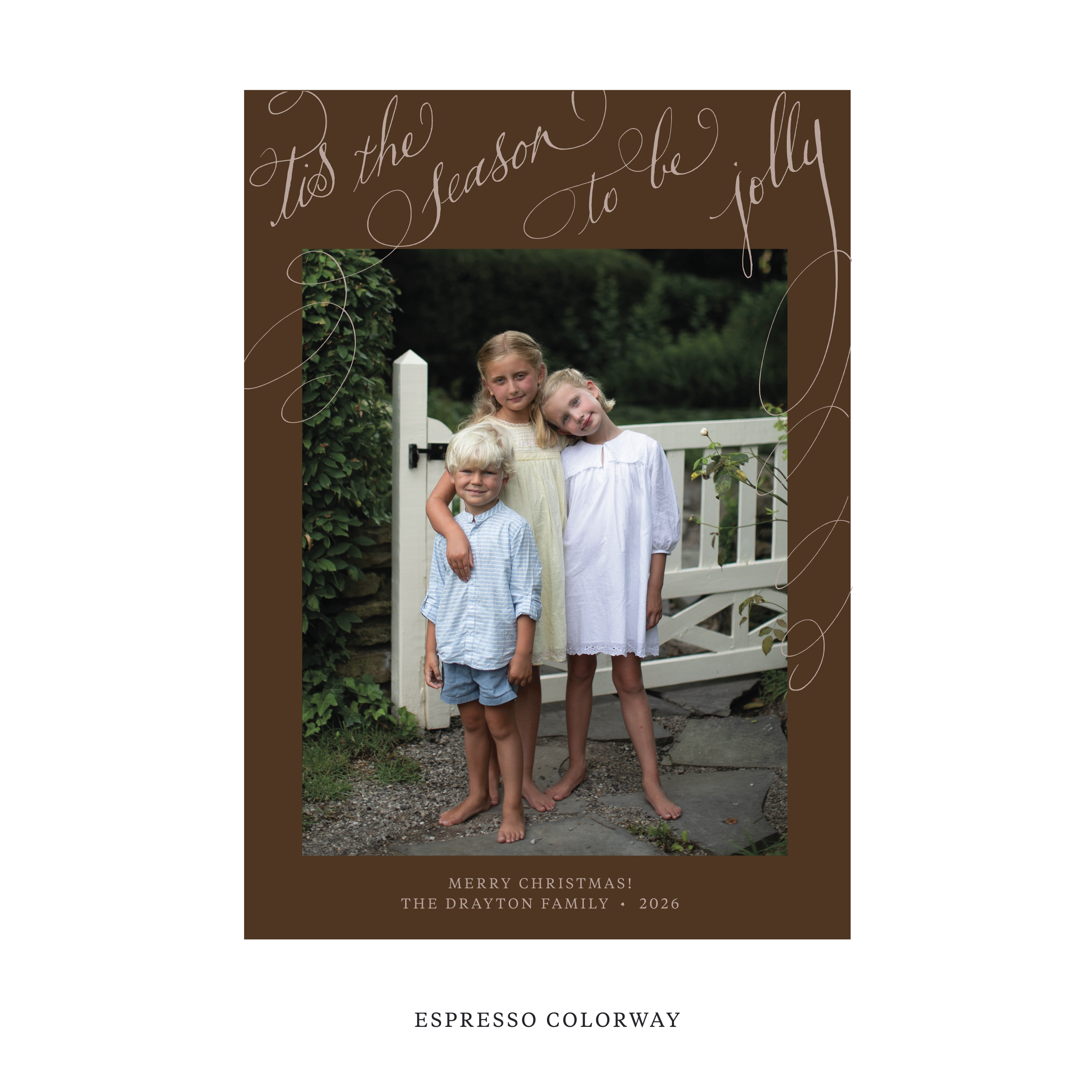 Celebrate the season with the Drayton "Tis the Season to be Jolly" Holiday Card by Stovall Collection. Featuring original hand-lettered artwork, this luxury personalized photo mount holiday card is available in 22 thoughtfully curated flat printing colorways.