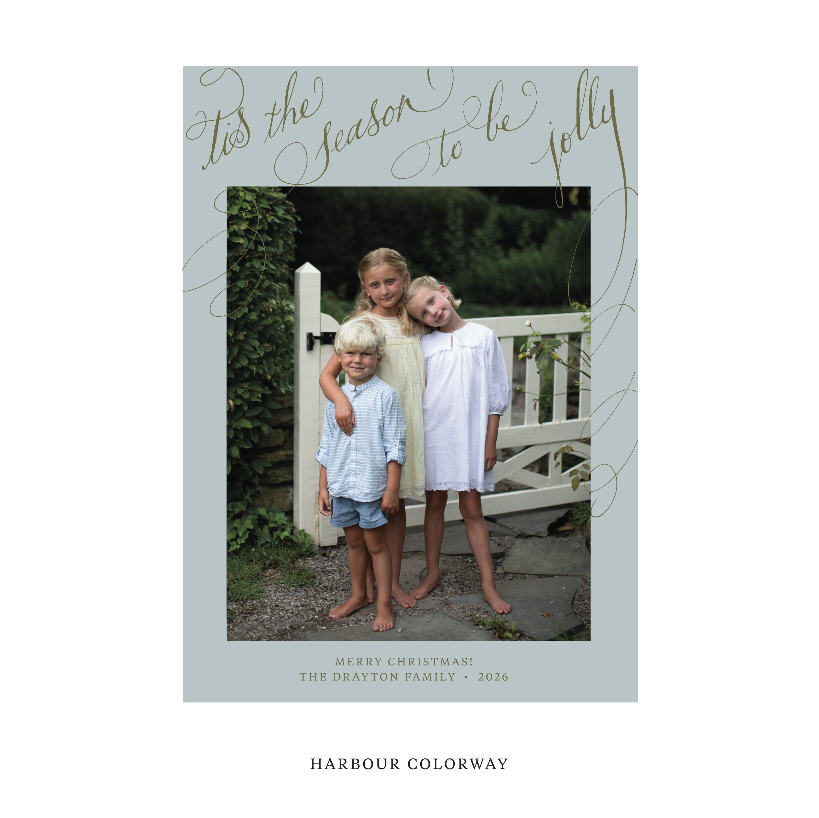 Celebrate the season with the Drayton "Tis the Season to be Jolly" Holiday Card by Stovall Collection. Featuring original hand-lettered artwork, this luxury personalized photo mount holiday card is available in 22 thoughtfully curated flat printing colorways.