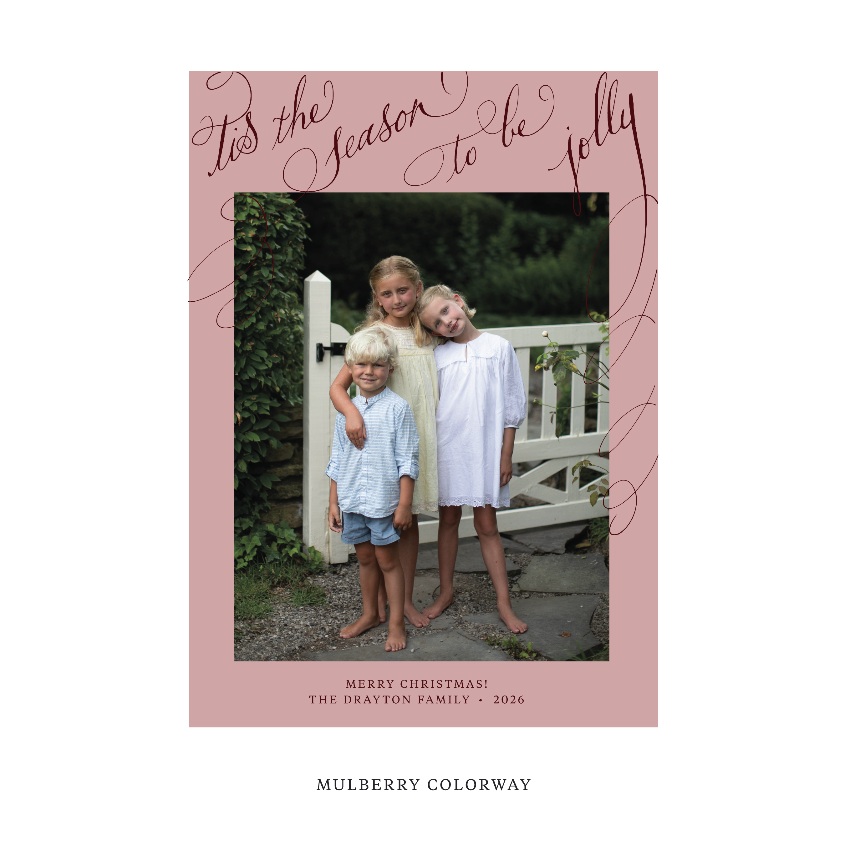 Celebrate the season with the Drayton "Tis the Season to be Jolly" Holiday Card by Stovall Collection. Featuring original hand-lettered artwork, this luxury personalized photo mount holiday card is available in 22 thoughtfully curated flat printing colorways.