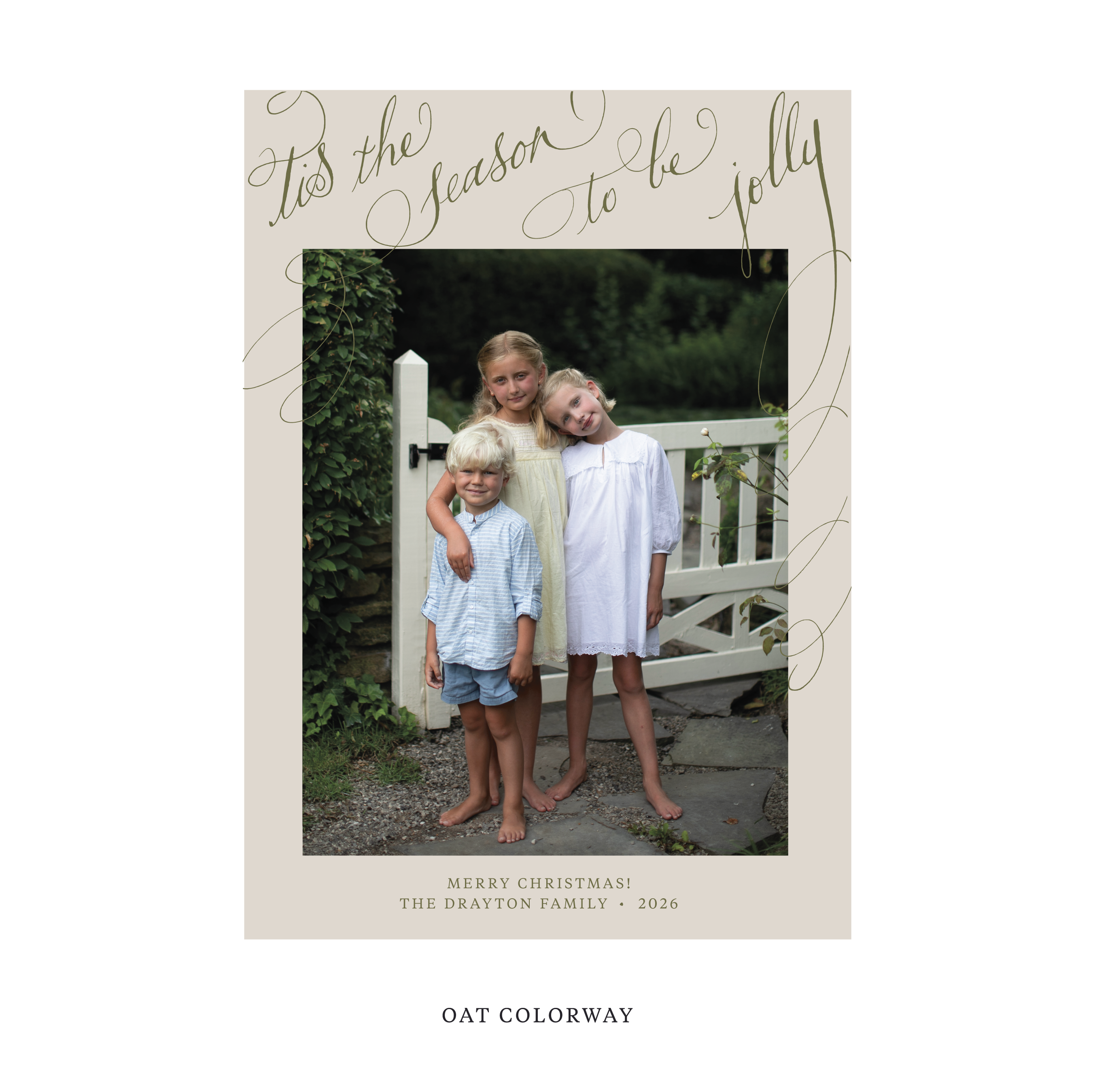 Celebrate the season with the Drayton "Tis the Season to be Jolly" Holiday Card by Stovall Collection. Featuring original hand-lettered artwork, this luxury personalized photo mount holiday card is available in 22 thoughtfully curated flat printing colorways.