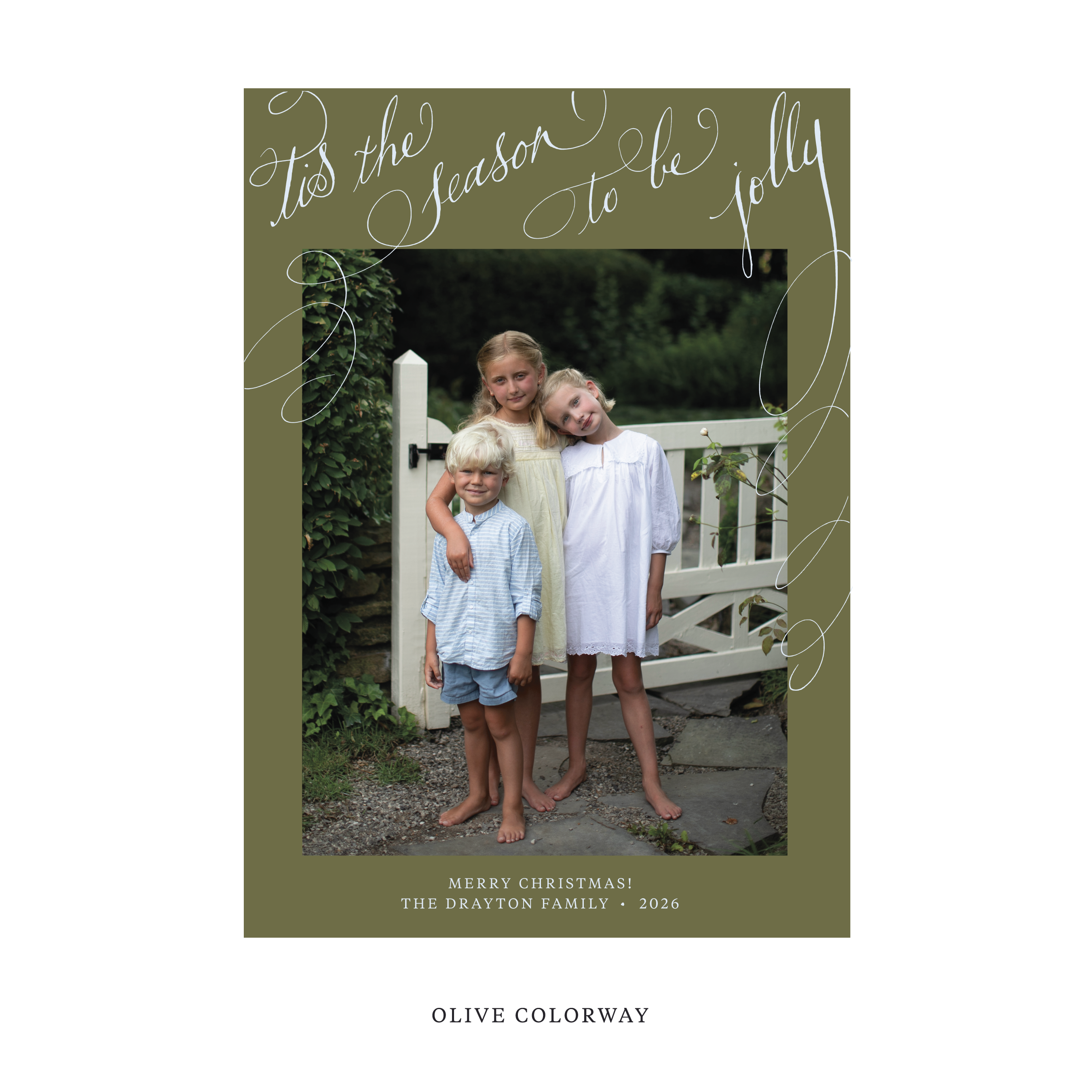 Celebrate the season with the Drayton "Tis the Season to be Jolly" Holiday Card by Stovall Collection. Featuring original hand-lettered artwork, this luxury personalized photo mount holiday card is available in 22 thoughtfully curated flat printing colorways.