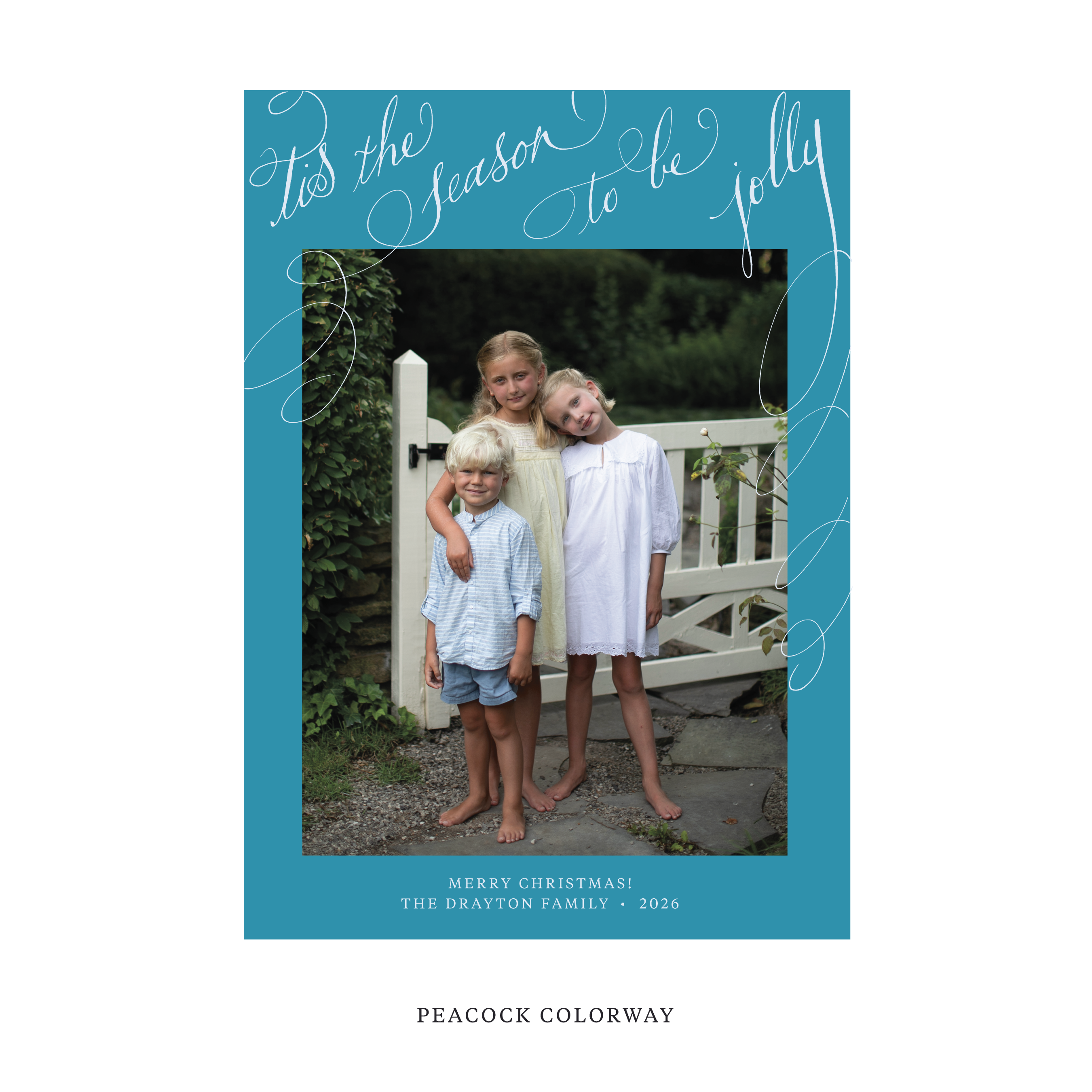 Celebrate the season with the Drayton "Tis the Season to be Jolly" Holiday Card by Stovall Collection. Featuring original hand-lettered artwork, this luxury personalized photo mount holiday card is available in 22 thoughtfully curated flat printing colorways.