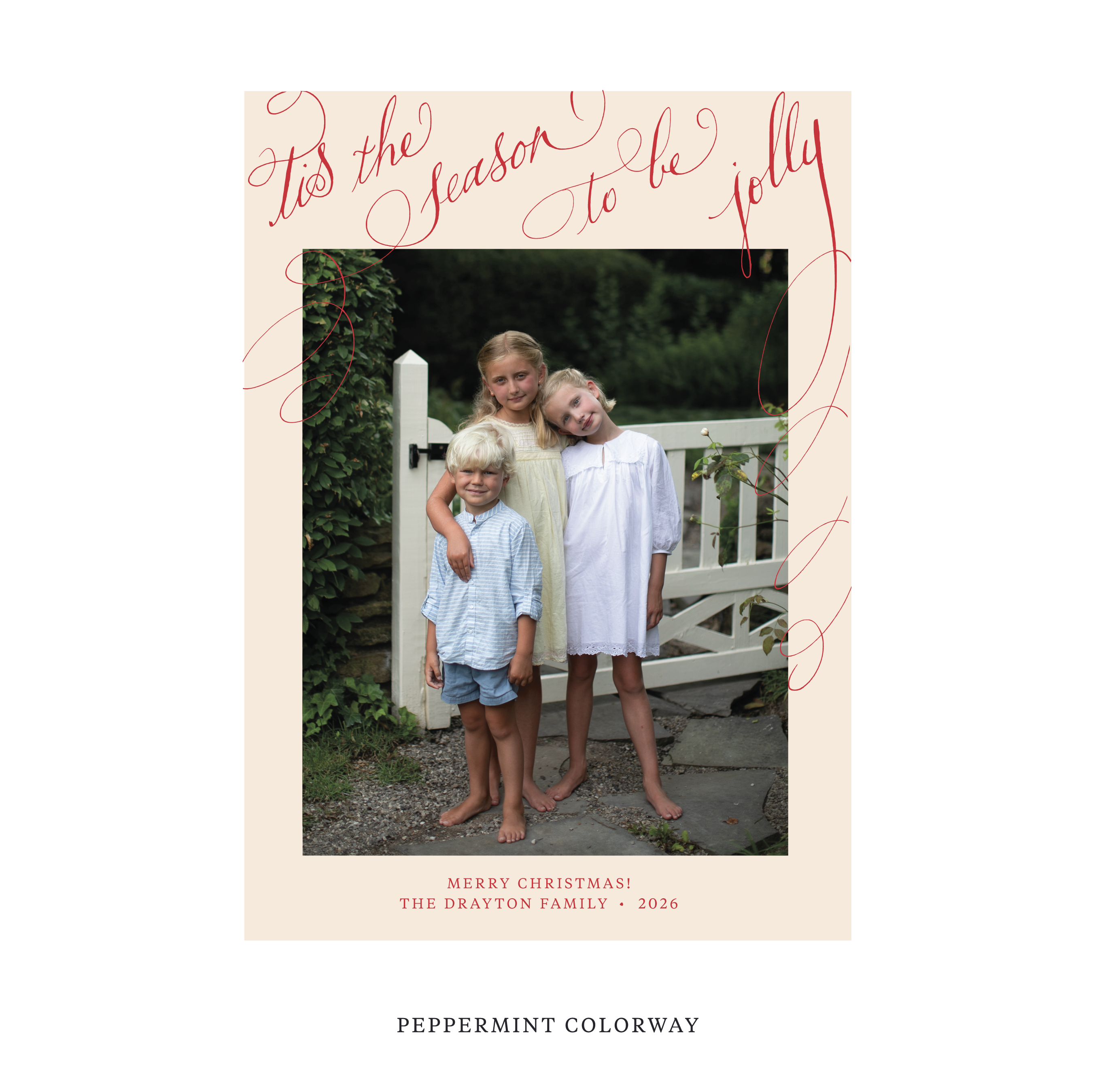 Celebrate the season with the Drayton "Tis the Season to be Jolly" Holiday Card by Stovall Collection. Featuring original hand-lettered artwork, this luxury personalized photo mount holiday card is available in 22 thoughtfully curated flat printing colorways.