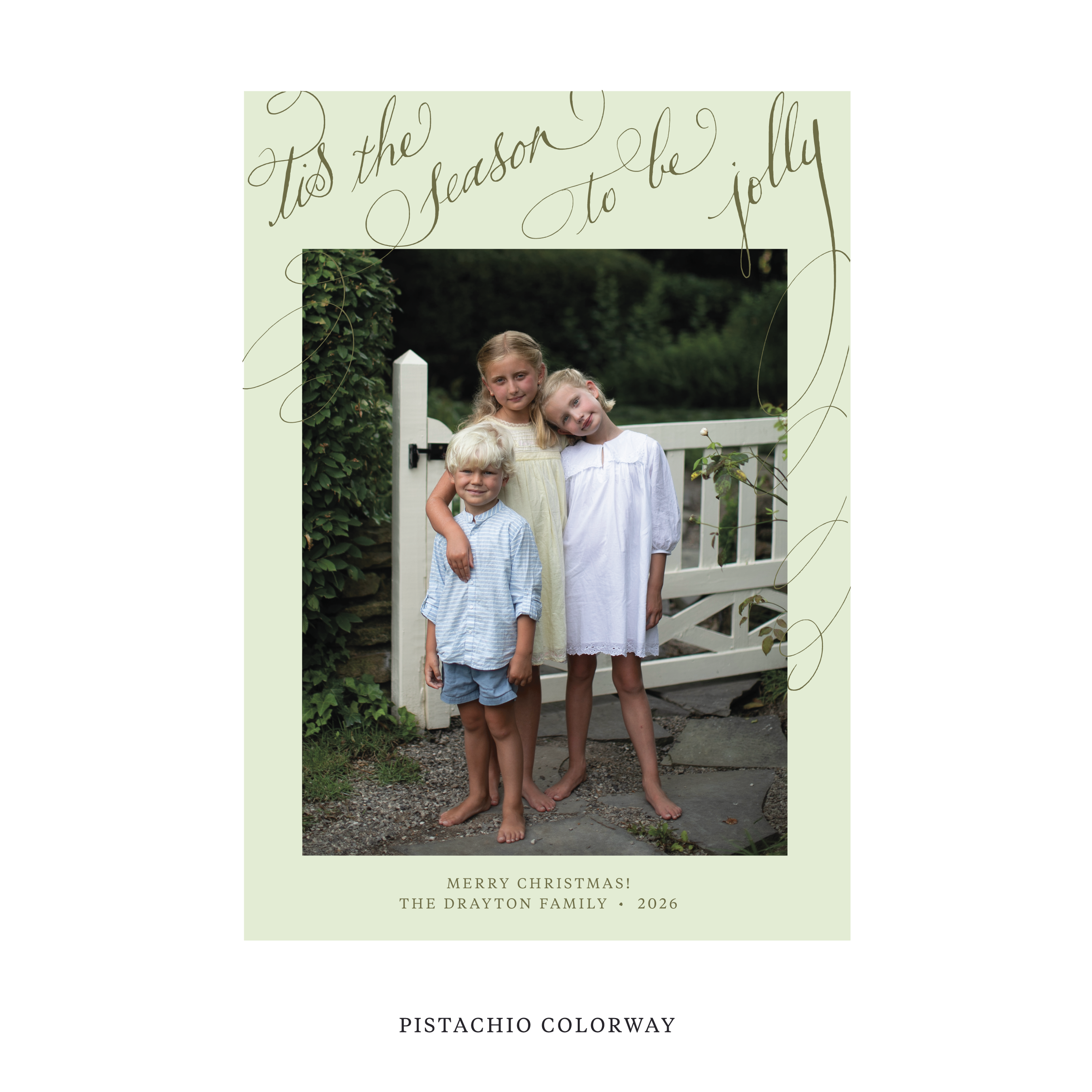 Celebrate the season with the Drayton "Tis the Season to be Jolly" Holiday Card by Stovall Collection. Featuring original hand-lettered artwork, this luxury personalized photo mount holiday card is available in 22 thoughtfully curated flat printing colorways.