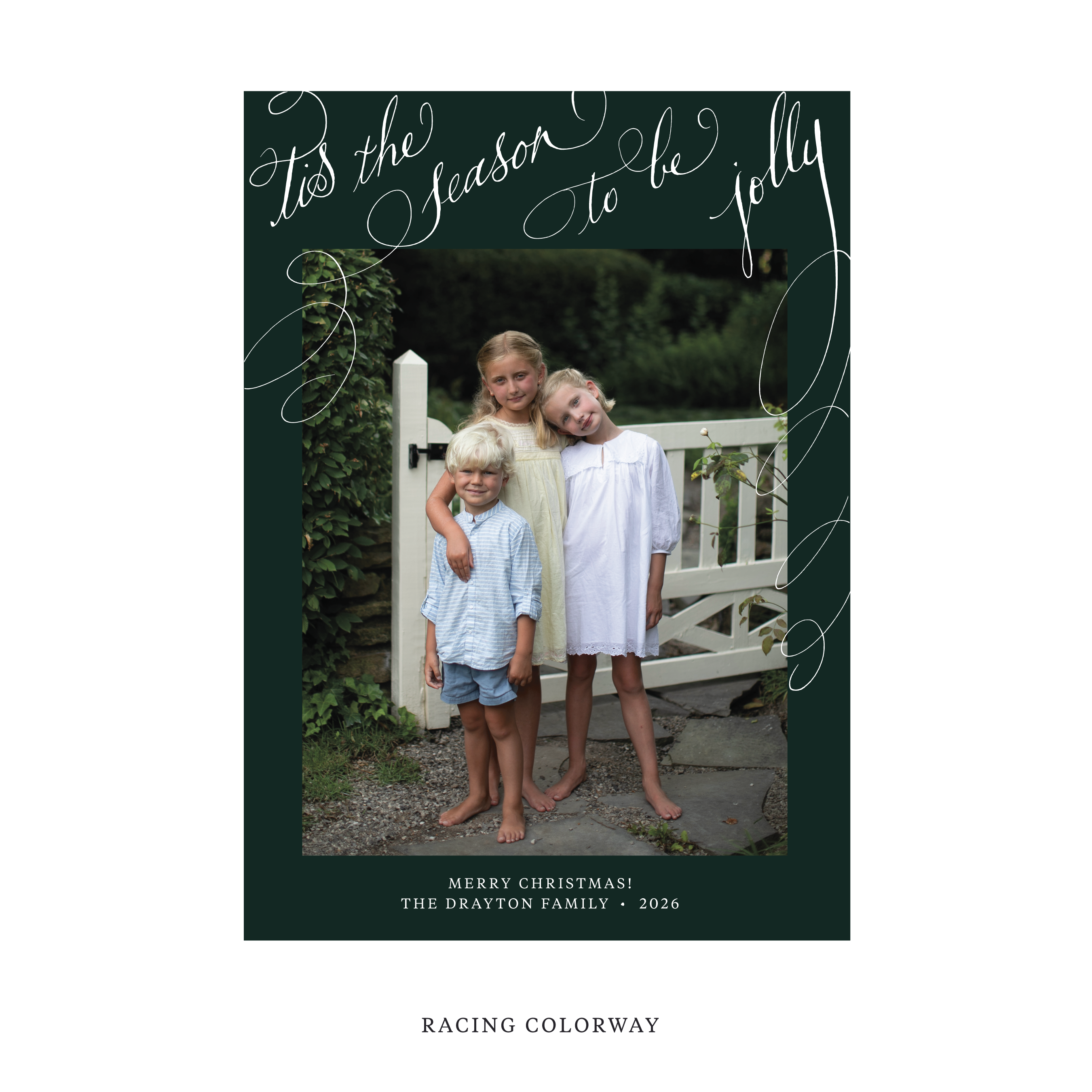 Celebrate the season with the Drayton "Tis the Season to be Jolly" Holiday Card by Stovall Collection. Featuring original hand-lettered artwork, this luxury personalized photo mount holiday card is available in 22 thoughtfully curated flat printing colorways.