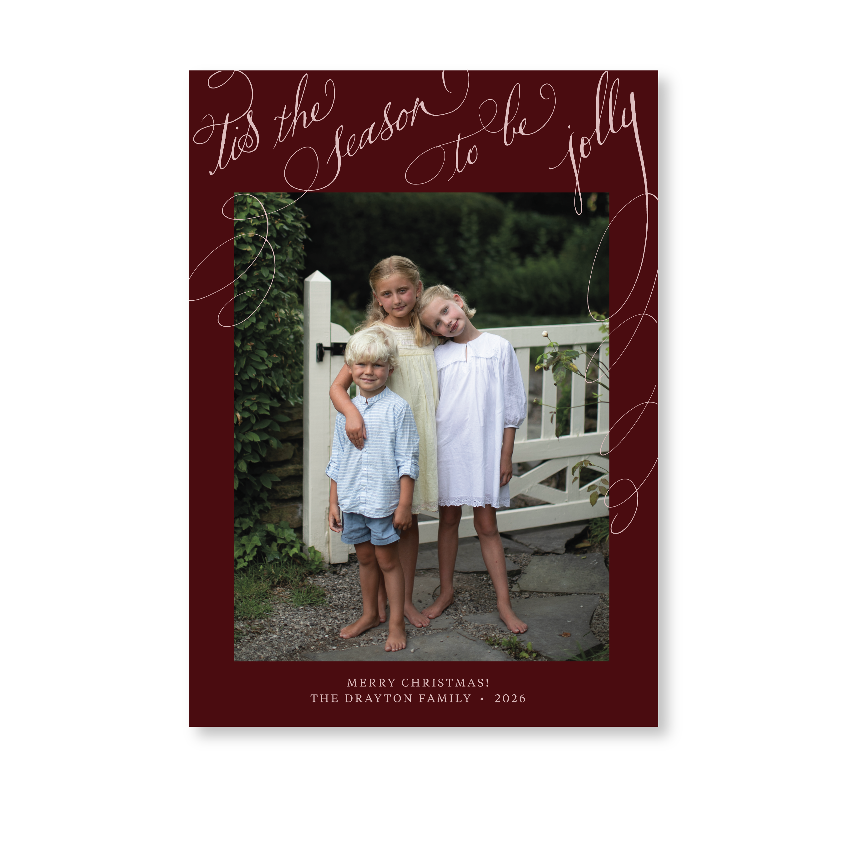 Celebrate the season with the Drayton "Tis the Season to be Jolly" Holiday Card by Stovall Collection. Featuring original hand-lettered artwork, this luxury personalized photo mount holiday card is available in 22 thoughtfully curated flat printing colorways.