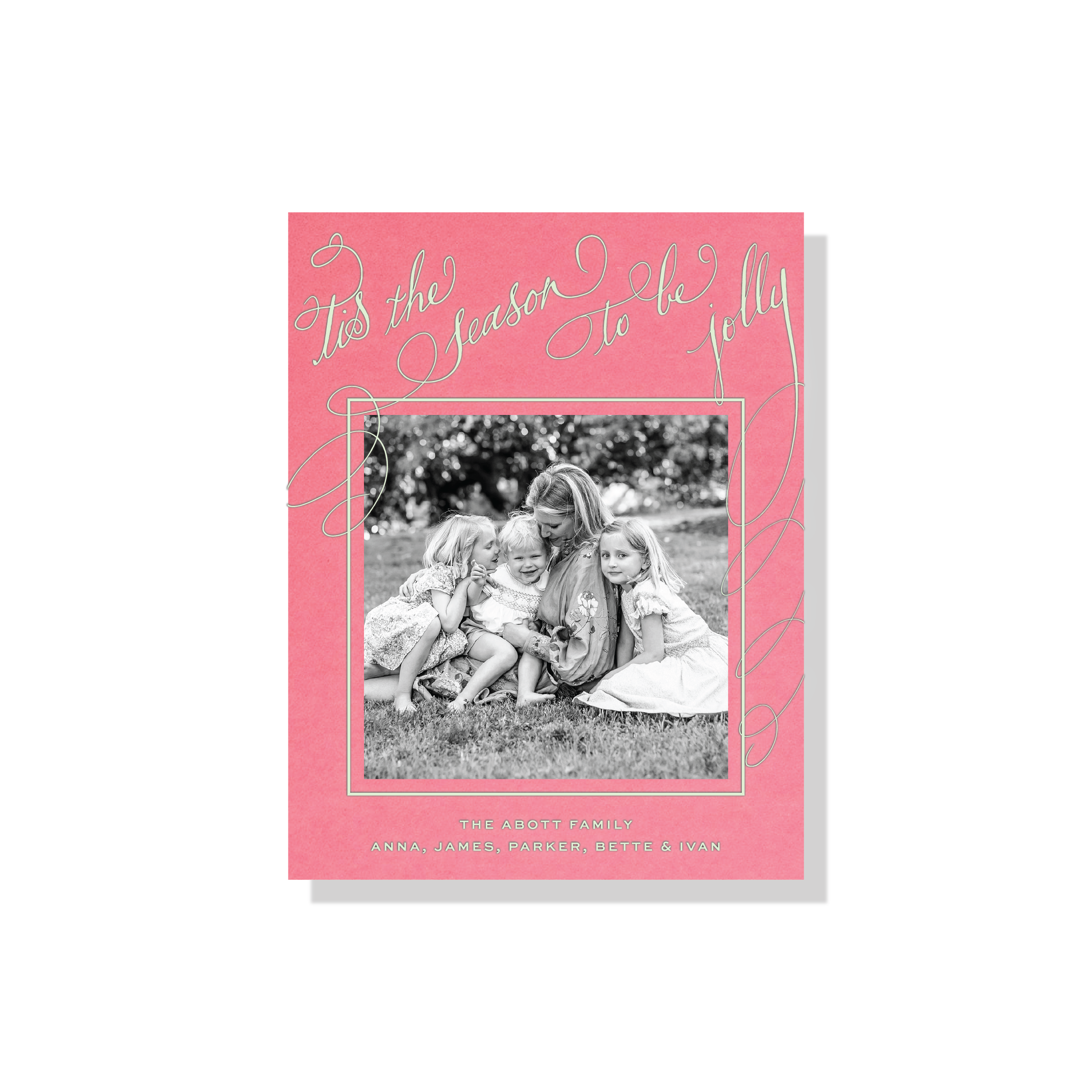 Drayton Engraved Holiday Card featuring hand-lettered “Tis the season to be jolly” calligraphy, a favorite family photograph, and traditional engraving.