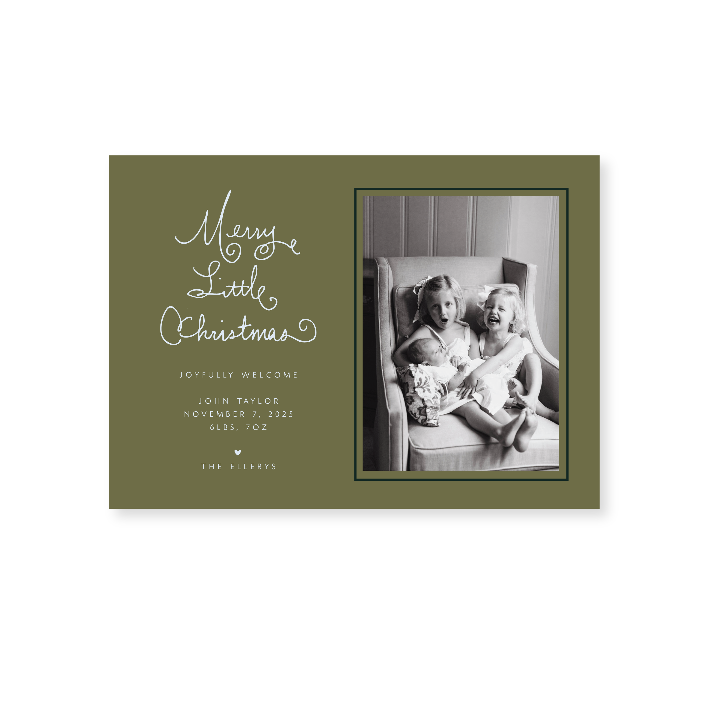 Henley Classic Flat Print Merry Little Christmas holiday birth announcement featuring original hand-lettered artwork by Stovall Collection.