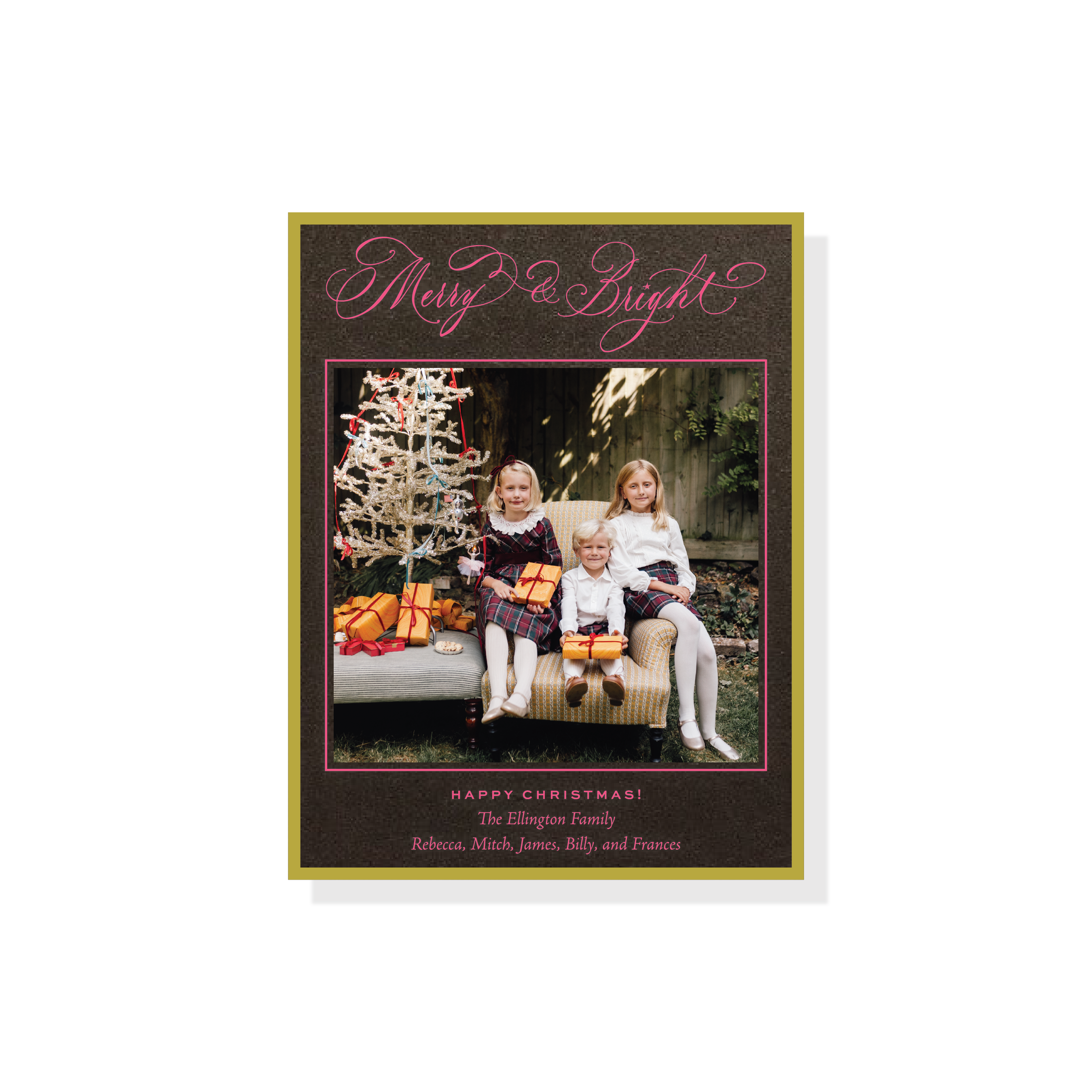Ellington Engraved Holiday Card featuring hand-lettered “Merry & Bright” artwork, a favorite family photograph, and traditional engraved details.