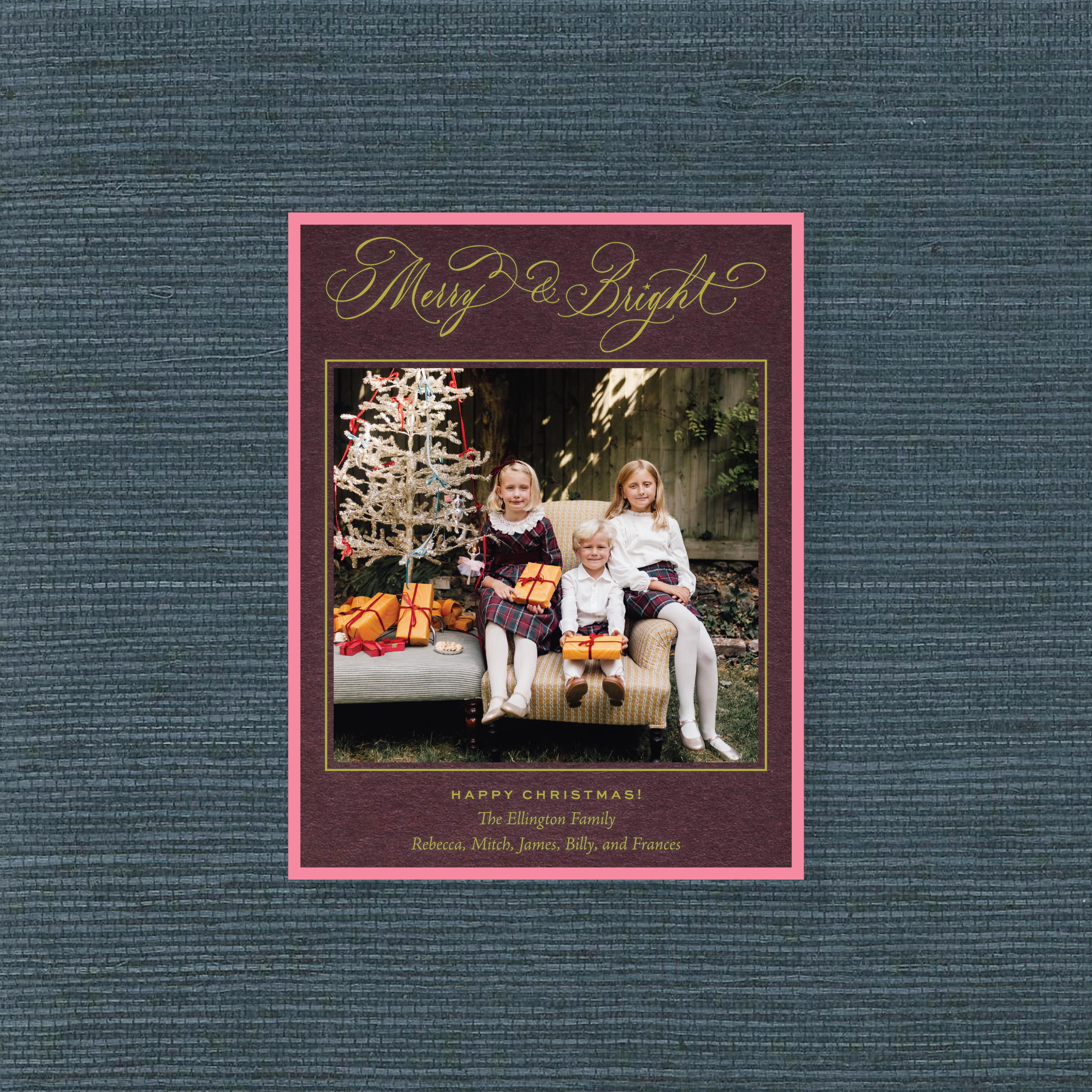 Ellington Engraved Holiday Card featuring hand-lettered “Merry & Bright” artwork, a favorite family photograph, and traditional engraved details.