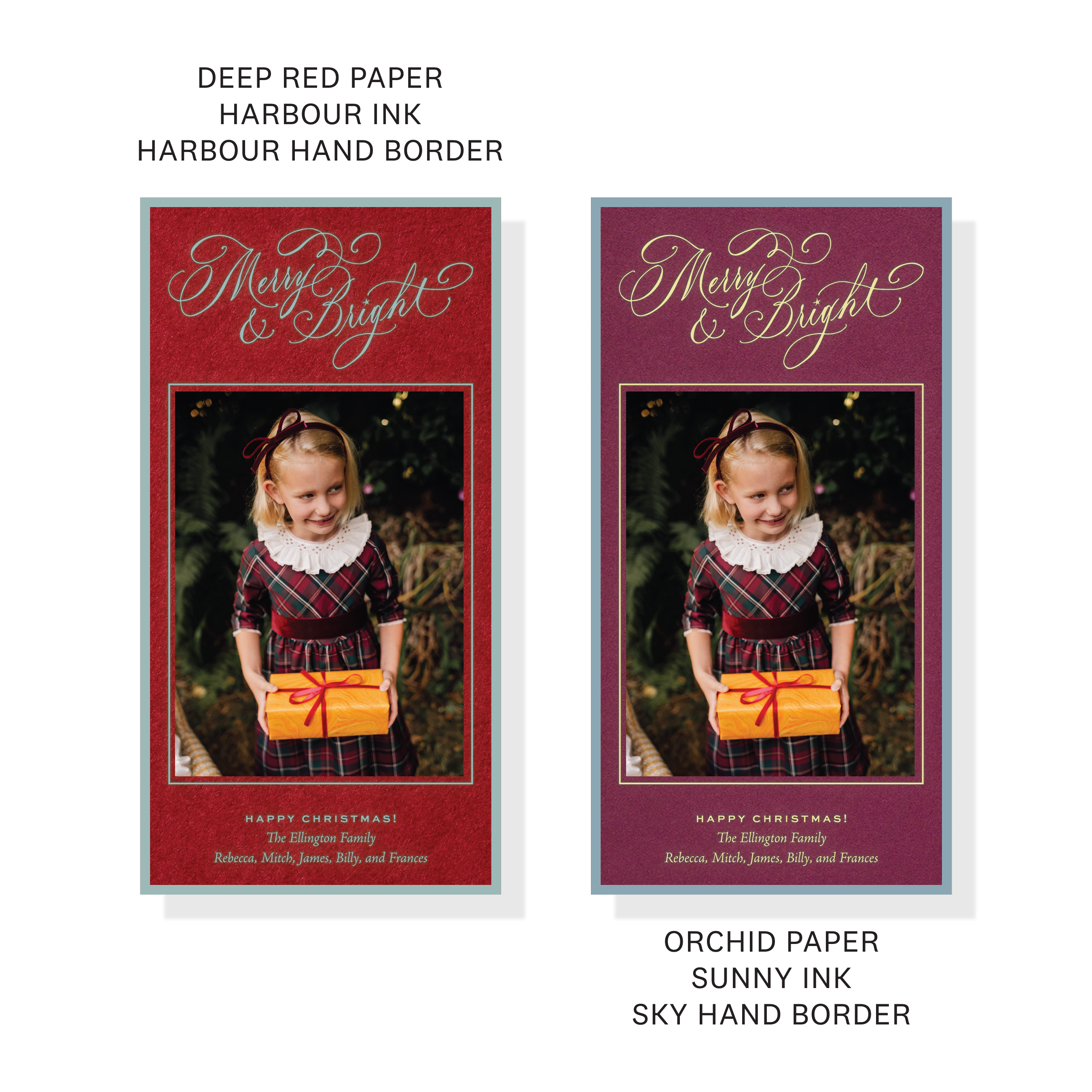 Ellington Engraved Christmas Photo Card with elegant “Merry & Bright” calligraphy, a personalized family photo, and crisp raised engraving.