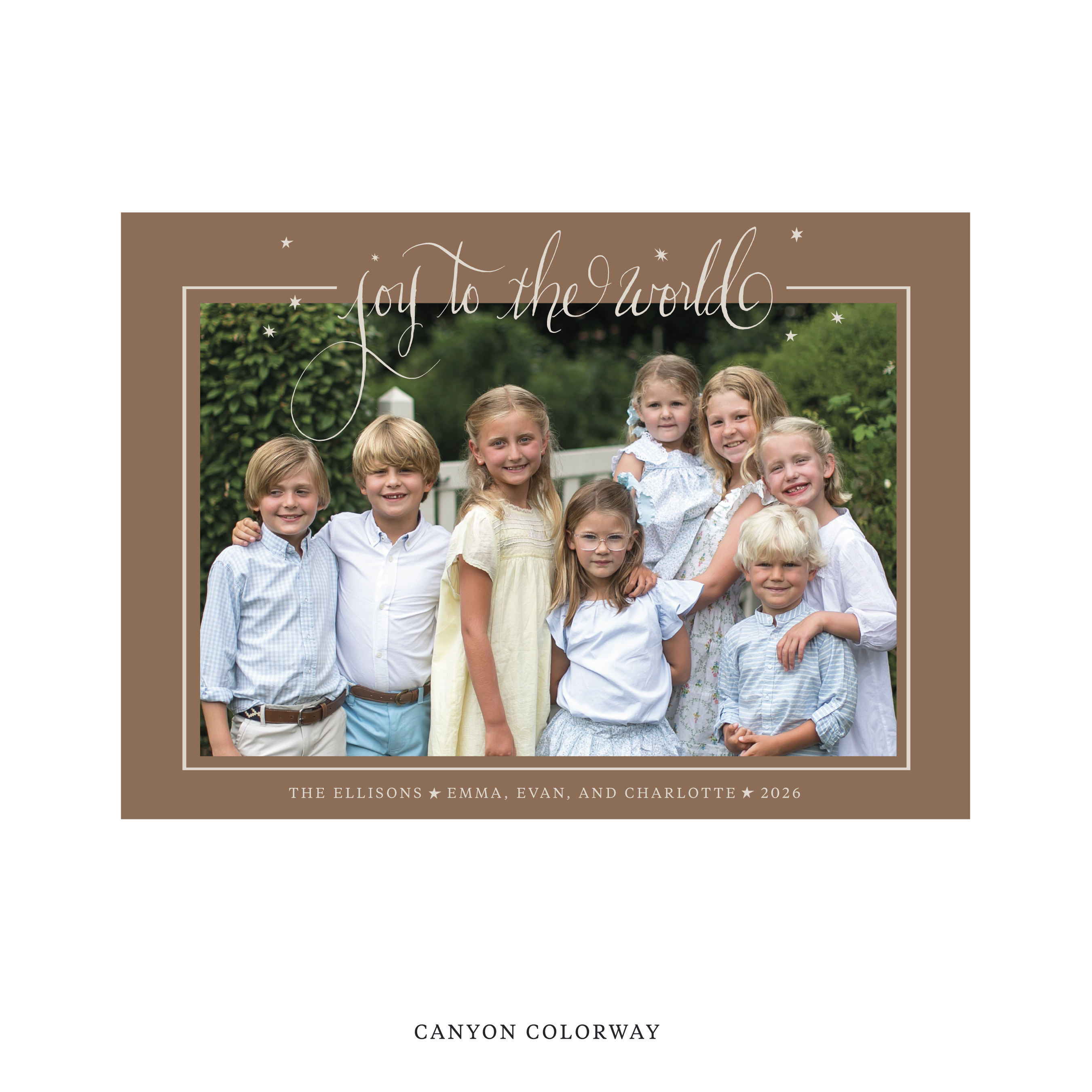 Celebrate the season with the Ellison "Joy to the World" Holiday Card by Stovall Collection. Featuring original hand-lettered artwork, this luxury personalized photo mount holiday card is available in 22 thoughtfully curated flat printing colorways.