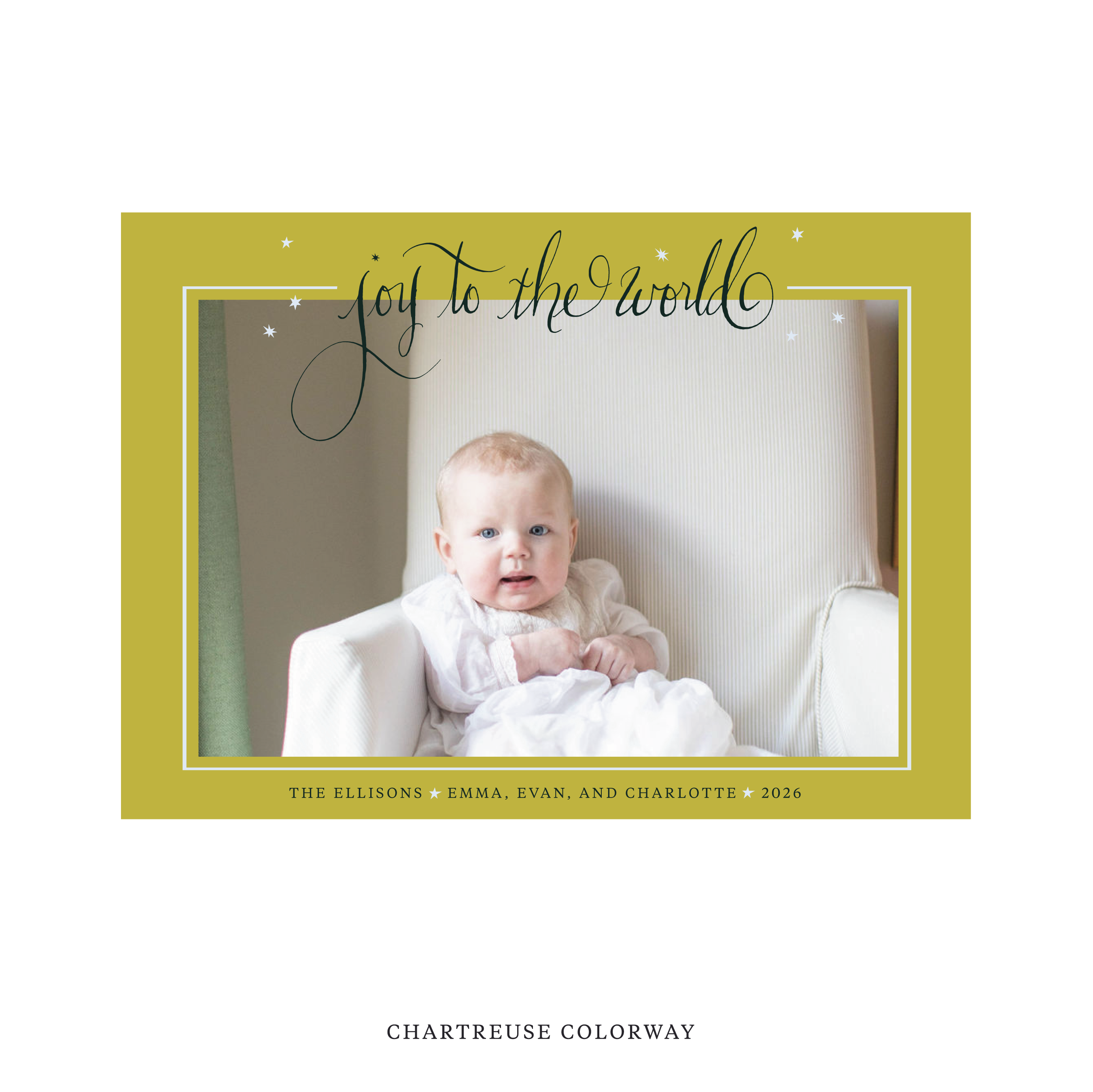 Celebrate the season with the Ellison "Joy to the World" Holiday Card by Stovall Collection. Featuring original hand-lettered artwork, this luxury personalized photo mount holiday card is available in 22 thoughtfully curated flat printing colorways.