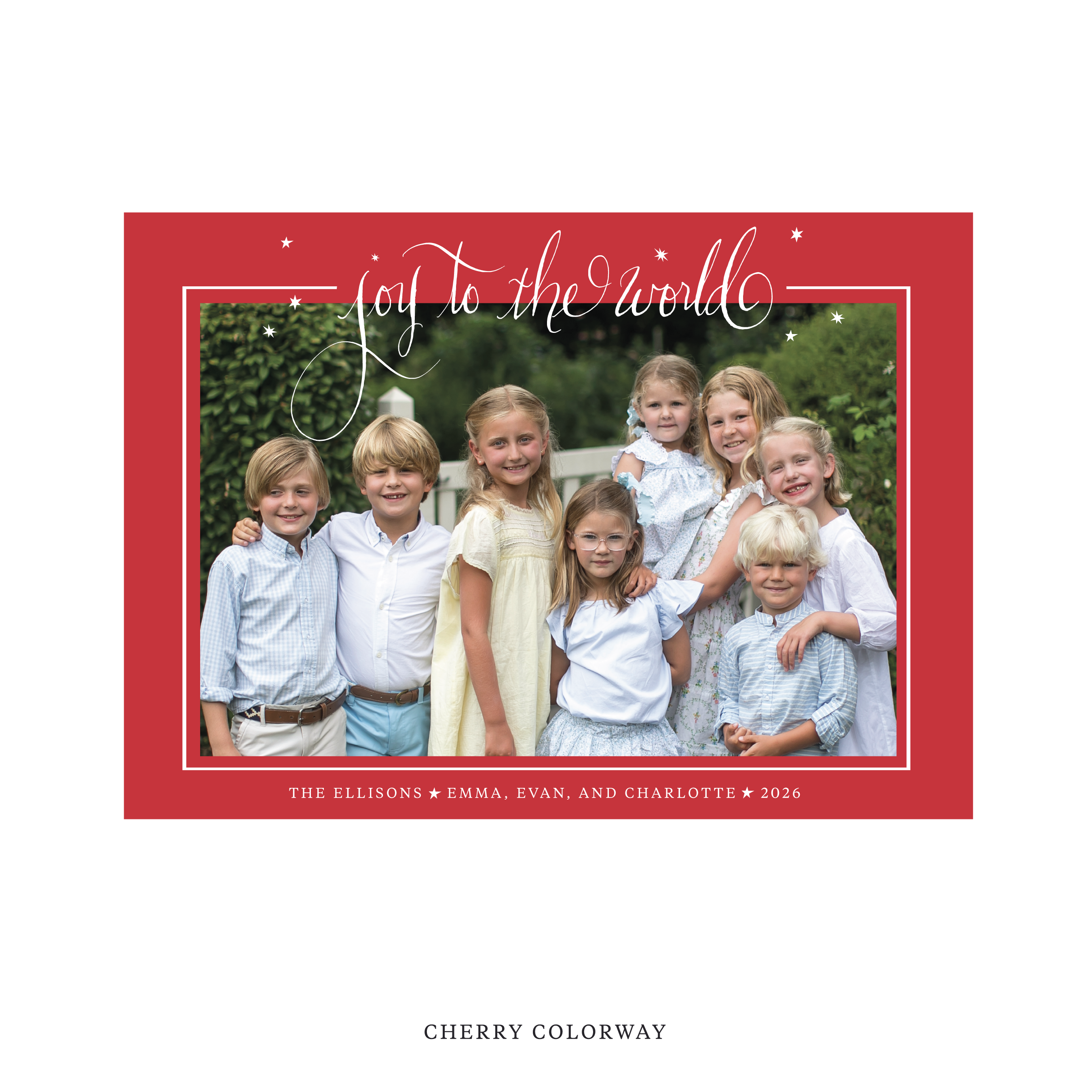 Celebrate the season with the Ellison "Joy to the World" Holiday Card by Stovall Collection. Featuring original hand-lettered artwork, this luxury personalized photo mount holiday card is available in 22 thoughtfully curated flat printing colorways.