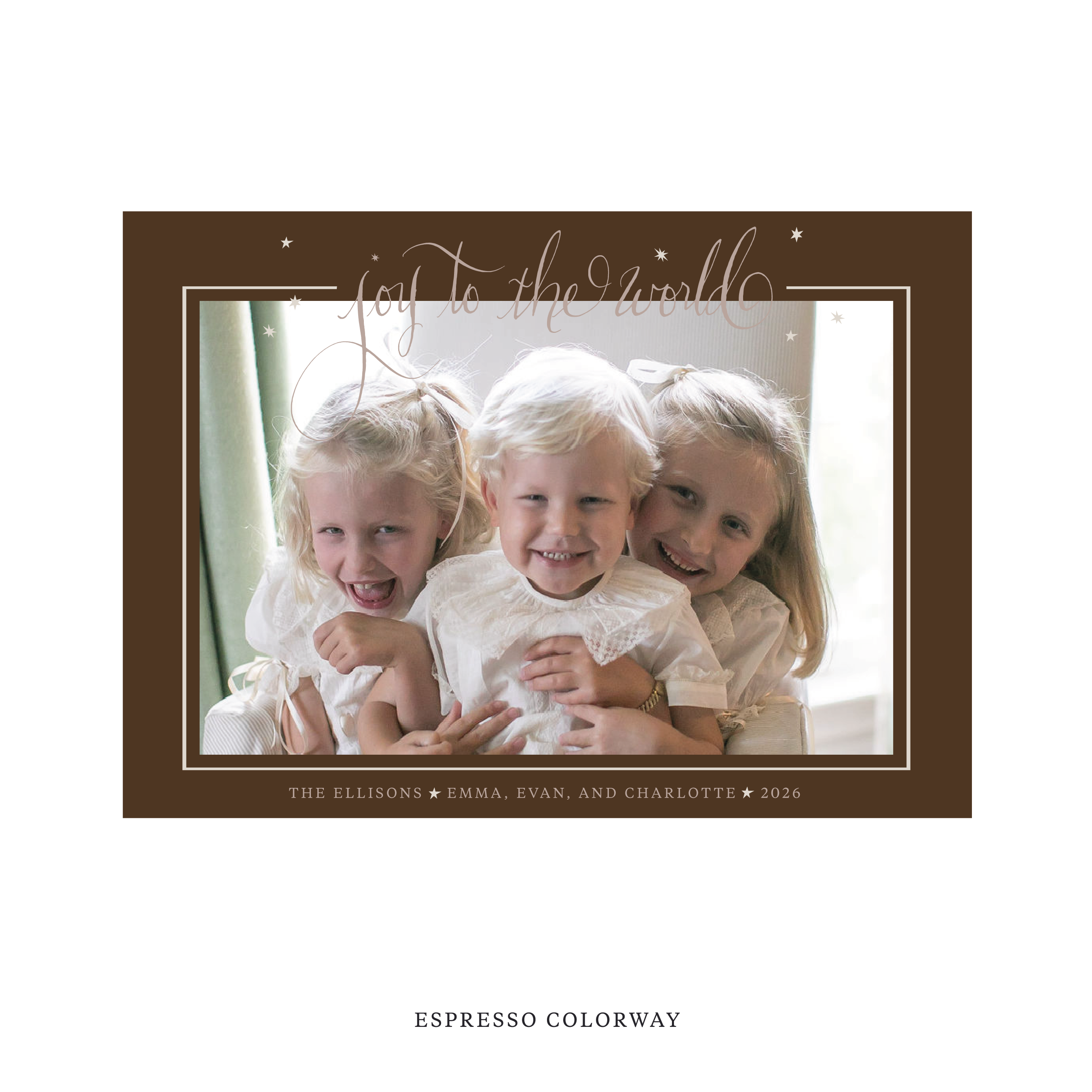 Celebrate the season with the Ellison "Joy to the World" Holiday Card by Stovall Collection. Featuring original hand-lettered artwork, this luxury personalized photo mount holiday card is available in 22 thoughtfully curated flat printing colorways.