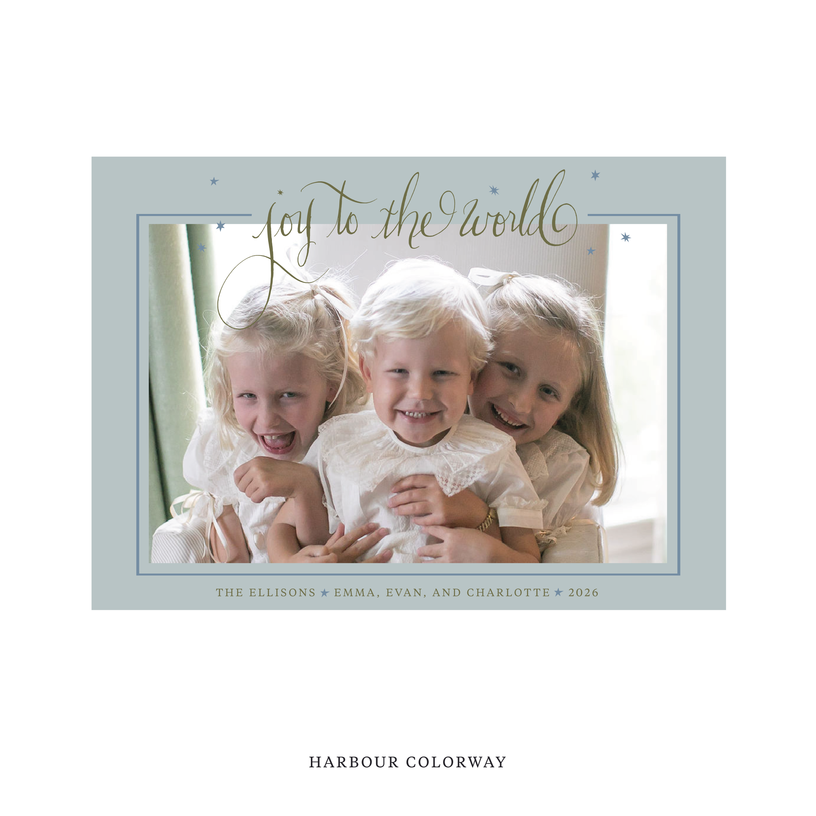 Celebrate the season with the Ellison "Joy to the World" Holiday Card by Stovall Collection. Featuring original hand-lettered artwork, this luxury personalized photo mount holiday card is available in 22 thoughtfully curated flat printing colorways.