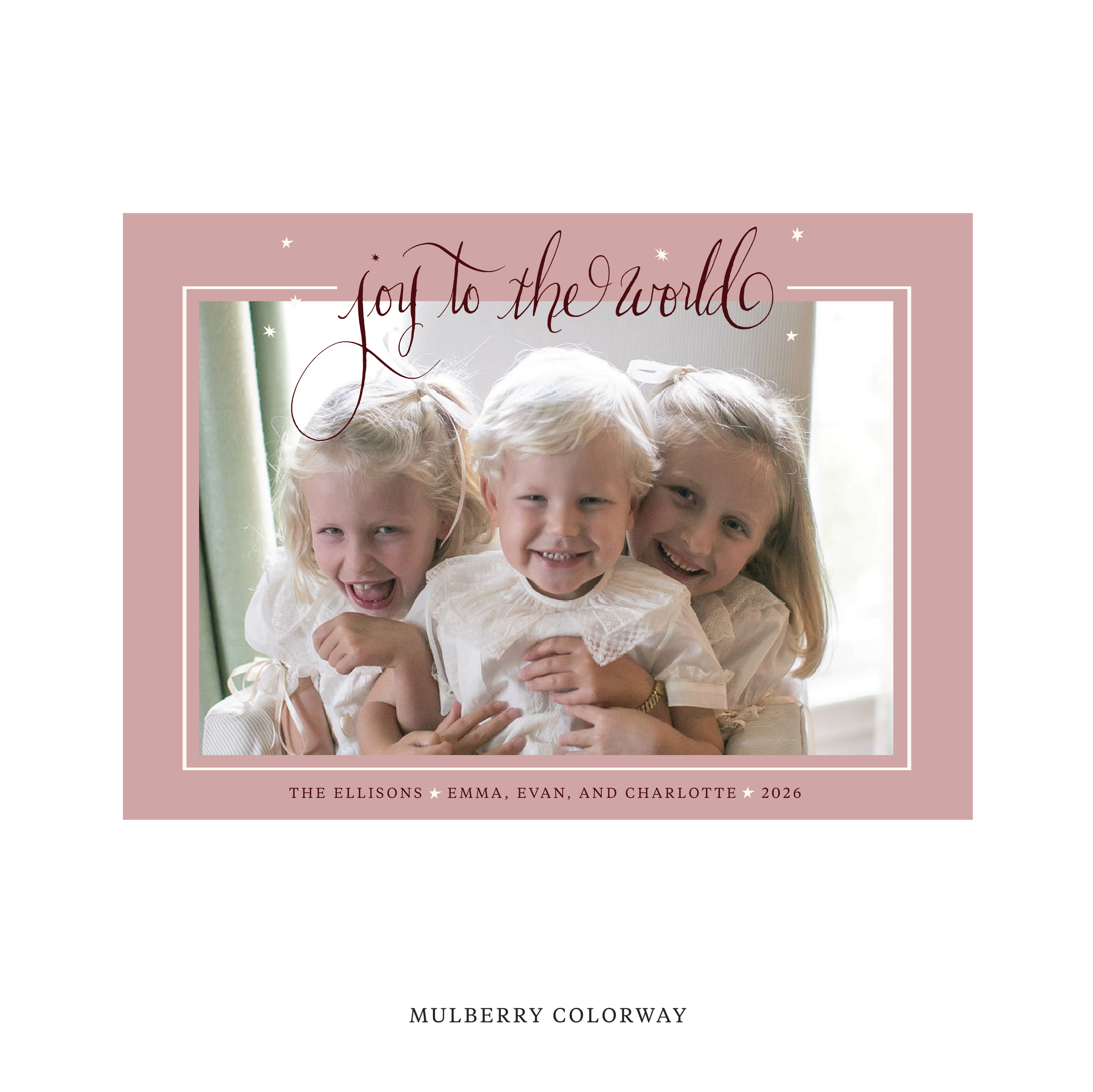 Celebrate the season with the Ellison "Joy to the World" Holiday Card by Stovall Collection. Featuring original hand-lettered artwork, this luxury personalized photo mount holiday card is available in 22 thoughtfully curated flat printing colorways.