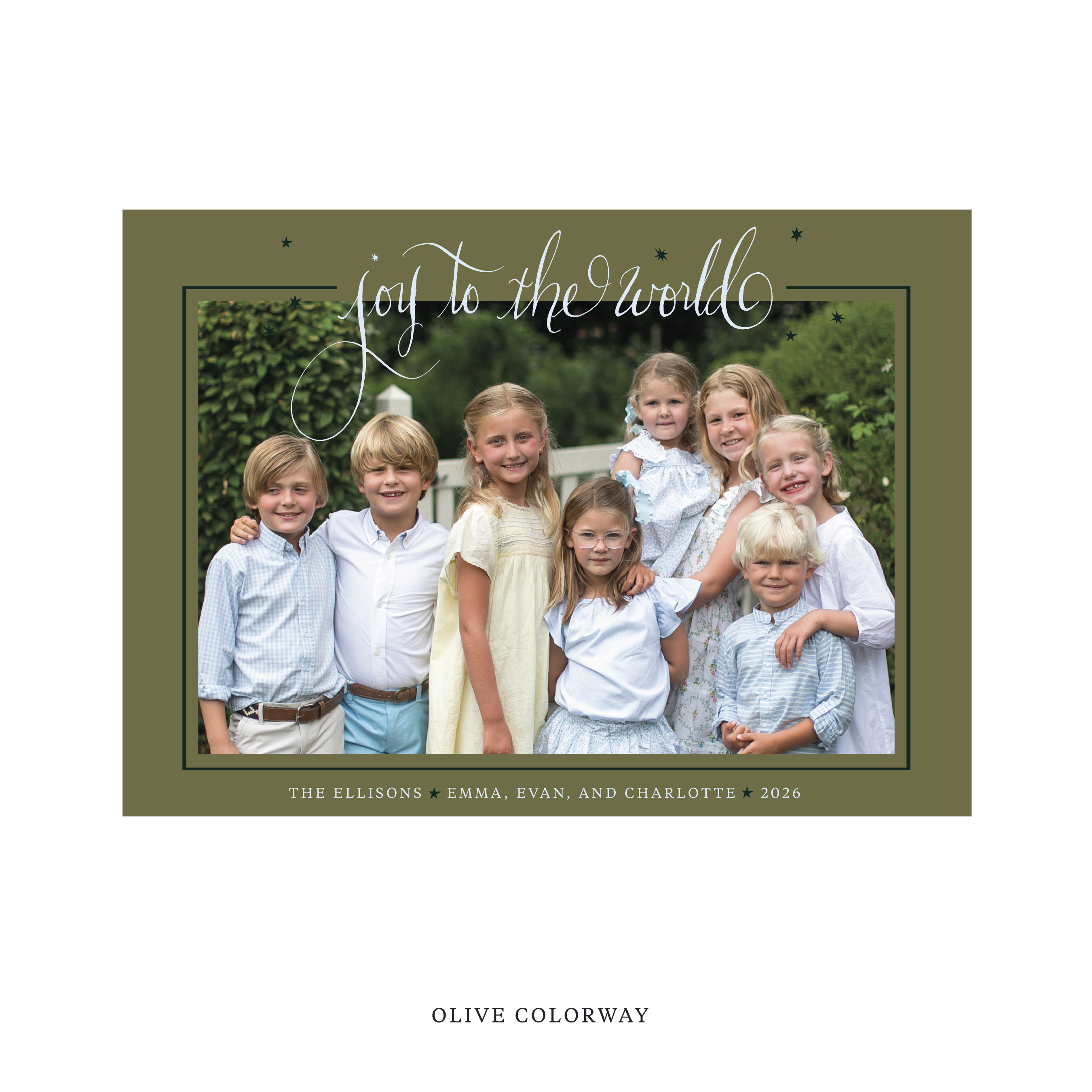 Celebrate the season with the Ellison "Joy to the World" Holiday Card by Stovall Collection. Featuring original hand-lettered artwork, this luxury personalized photo mount holiday card is available in 22 thoughtfully curated flat printing colorways.