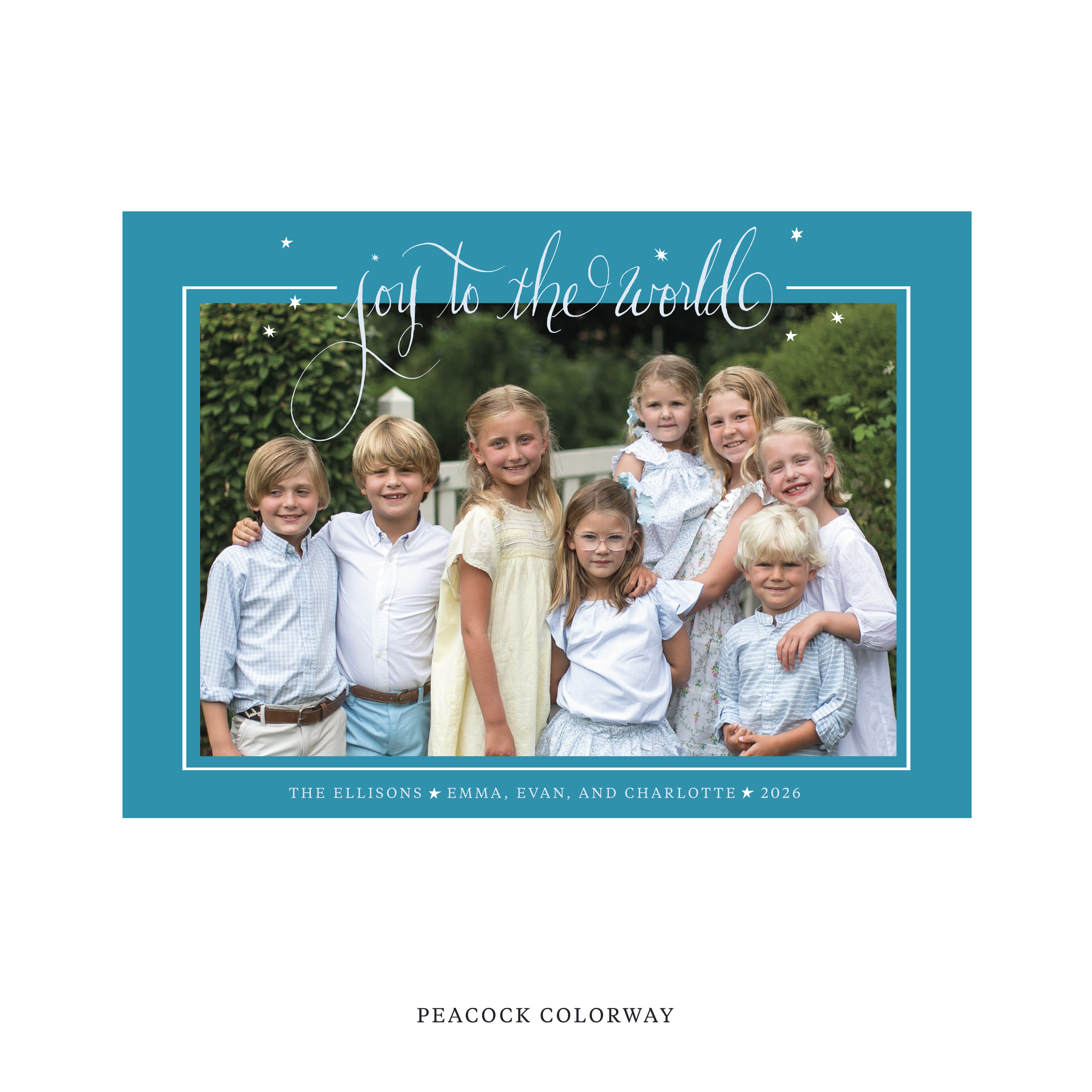 Celebrate the season with the Ellison "Joy to the World" Holiday Card by Stovall Collection. Featuring original hand-lettered artwork, this luxury personalized photo mount holiday card is available in 22 thoughtfully curated flat printing colorways.