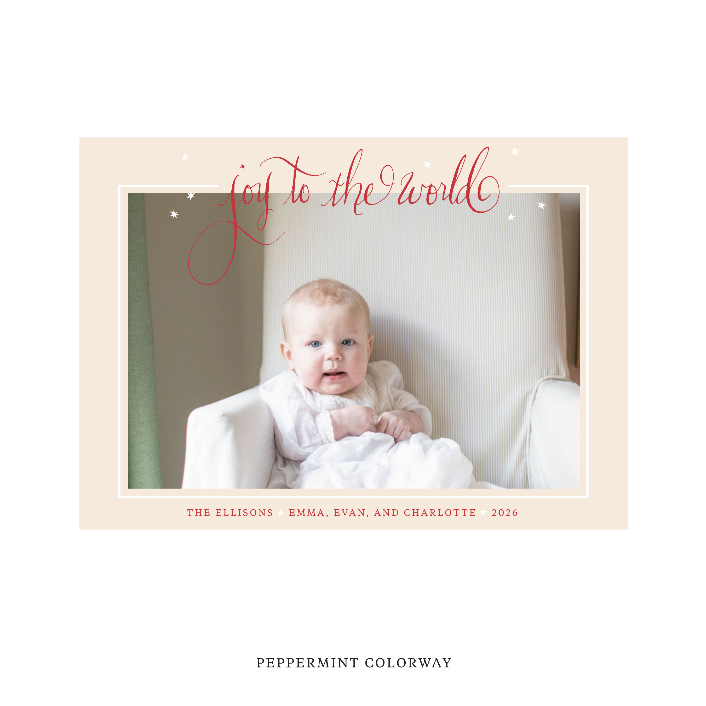 Celebrate the season with the Ellison "Joy to the World" Holiday Card by Stovall Collection. Featuring original hand-lettered artwork, this luxury personalized photo mount holiday card is available in 22 thoughtfully curated flat printing colorways.