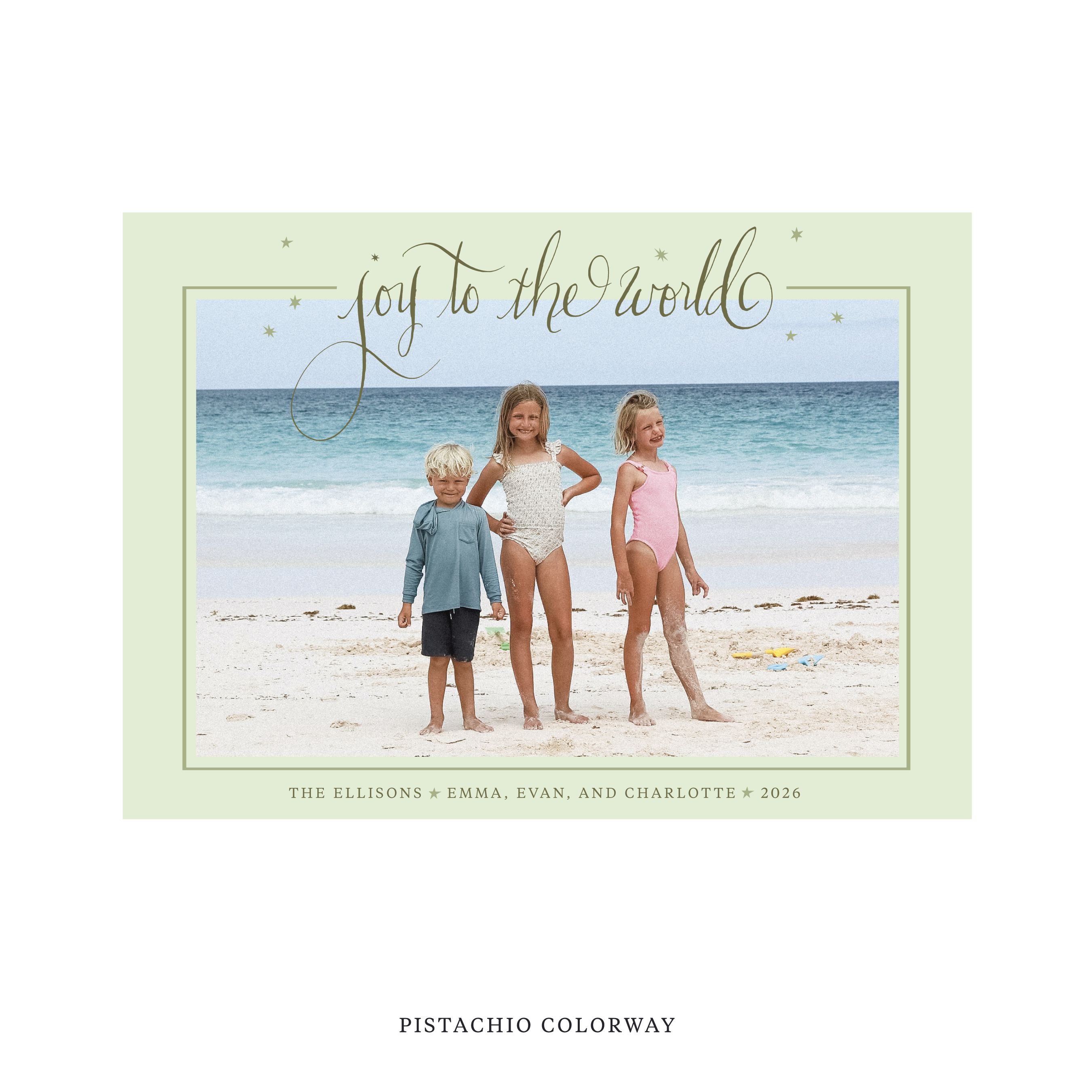 Celebrate the season with the Ellison "Joy to the World" Holiday Card by Stovall Collection. Featuring original hand-lettered artwork, this luxury personalized photo mount holiday card is available in 22 thoughtfully curated flat printing colorways.