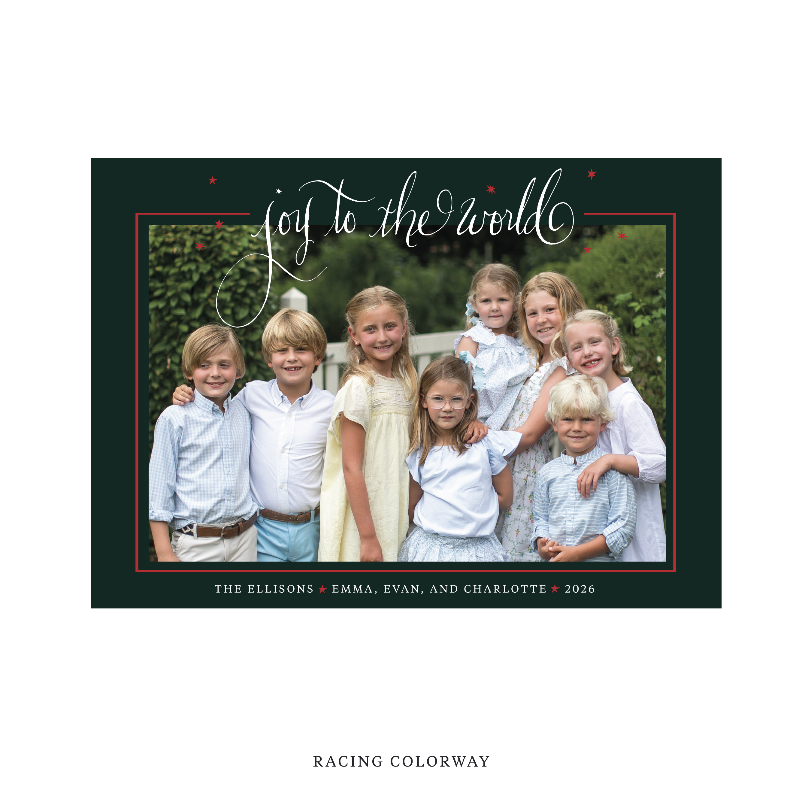 Celebrate the season with the Ellison "Joy to the World" Holiday Card by Stovall Collection. Featuring original hand-lettered artwork, this luxury personalized photo mount holiday card is available in 22 thoughtfully curated flat printing colorways.