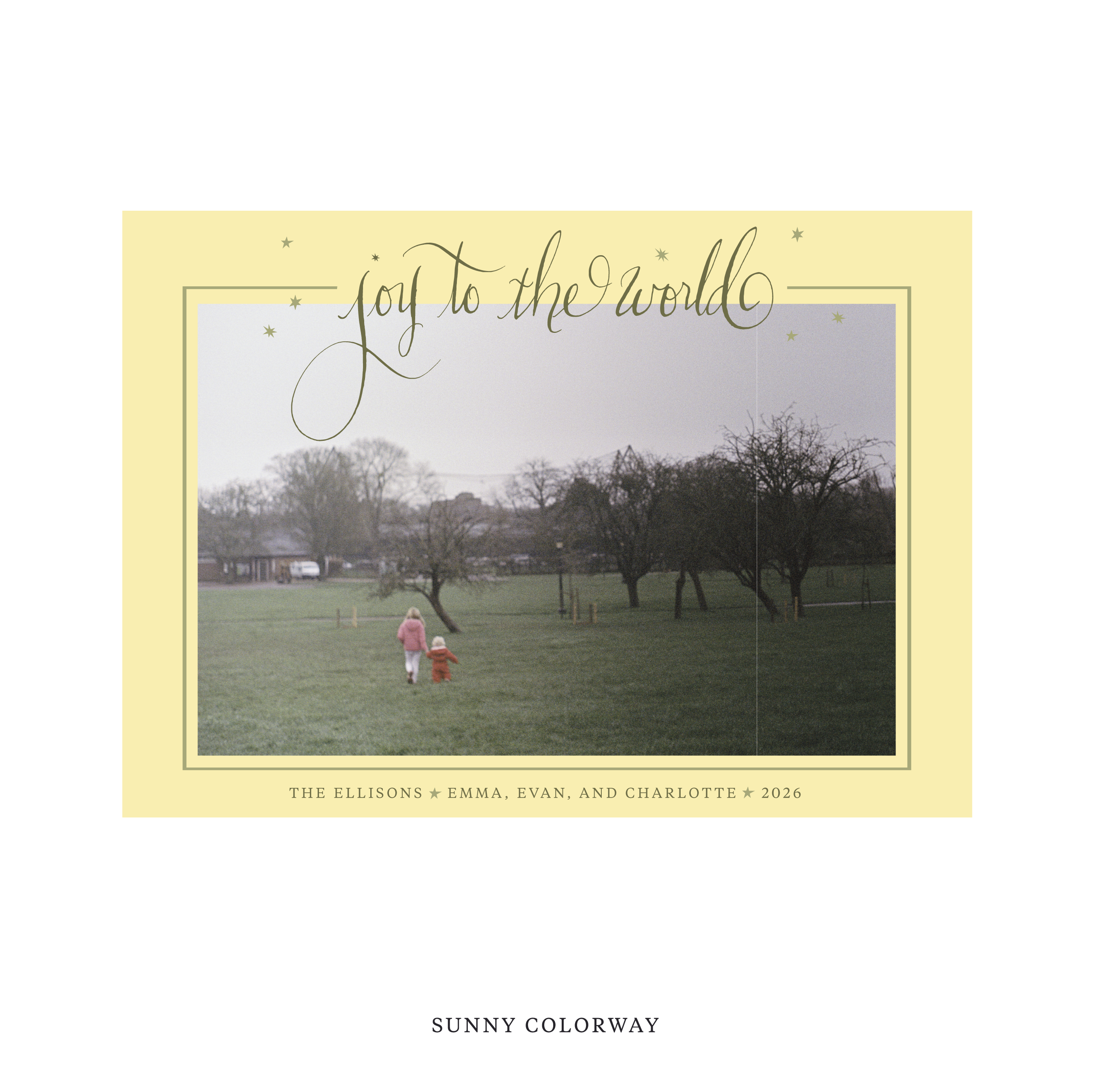 Celebrate the season with the Ellison "Joy to the World" Holiday Card by Stovall Collection. Featuring original hand-lettered artwork, this luxury personalized photo mount holiday card is available in 22 thoughtfully curated flat printing colorways.