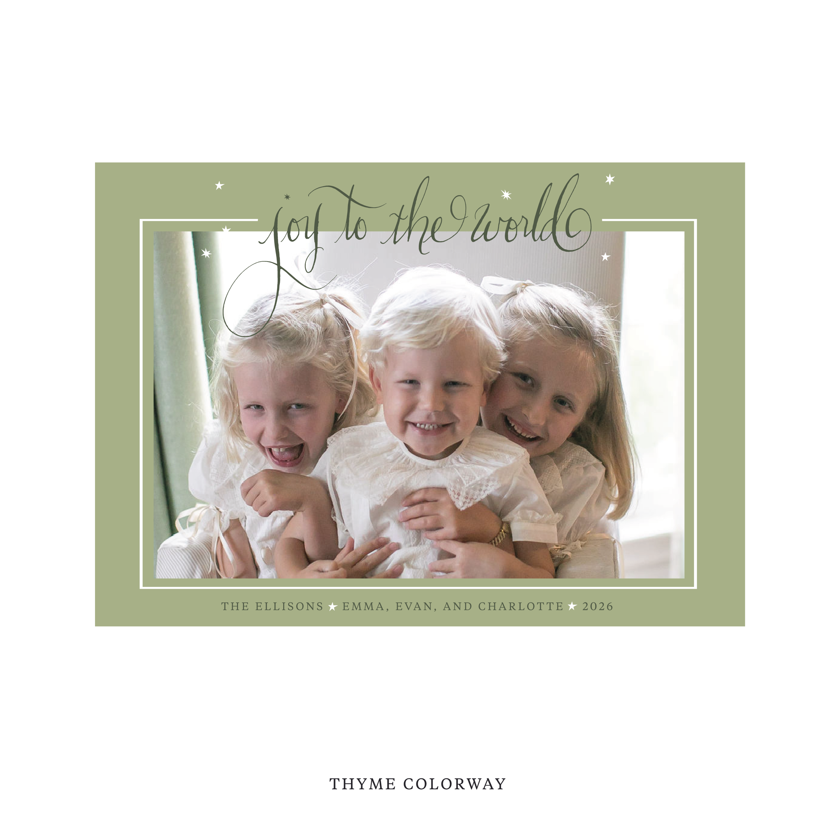 Celebrate the season with the Ellison "Joy to the World" Holiday Card by Stovall Collection. Featuring original hand-lettered artwork, this luxury personalized photo mount holiday card is available in 22 thoughtfully curated flat printing colorways.