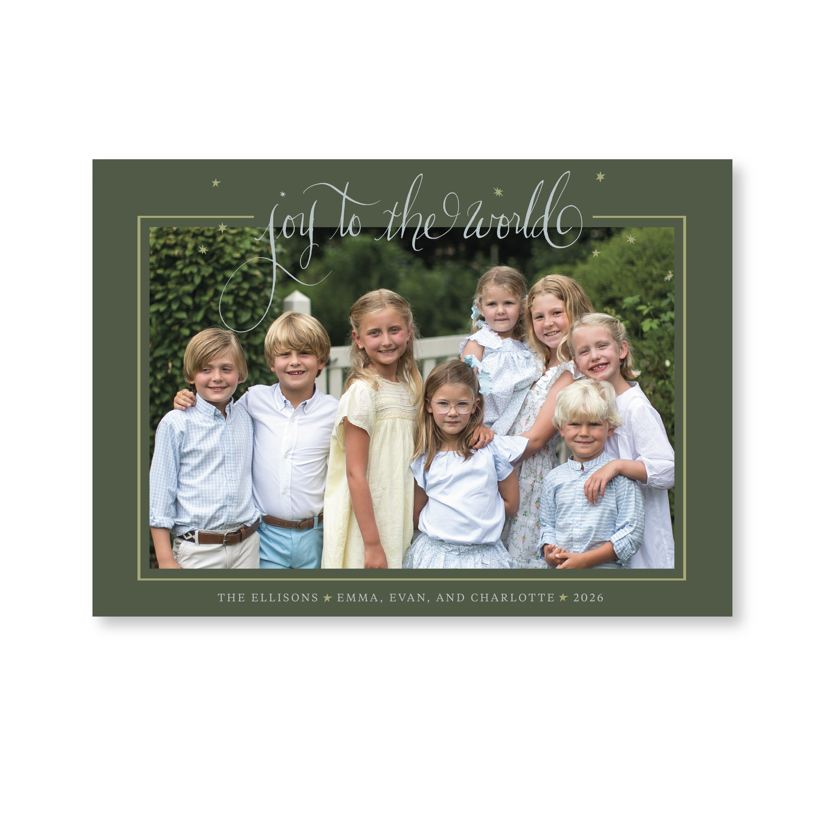 Celebrate the season with the Ellison "Joy to the World" Holiday Card by Stovall Collection. Featuring original hand-lettered artwork, this luxury personalized photo mount holiday card is available in 22 thoughtfully curated flat printing colorways.