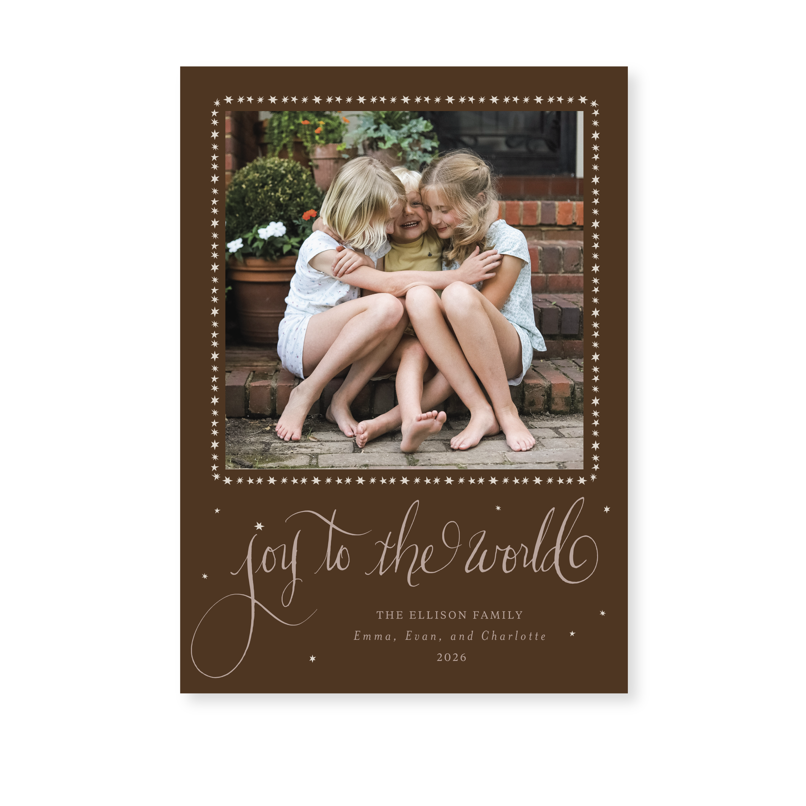 Ellison Classic Flat Print Joy to the World photo holiday card featuring original pen-and-ink artwork by Stovall Collection.