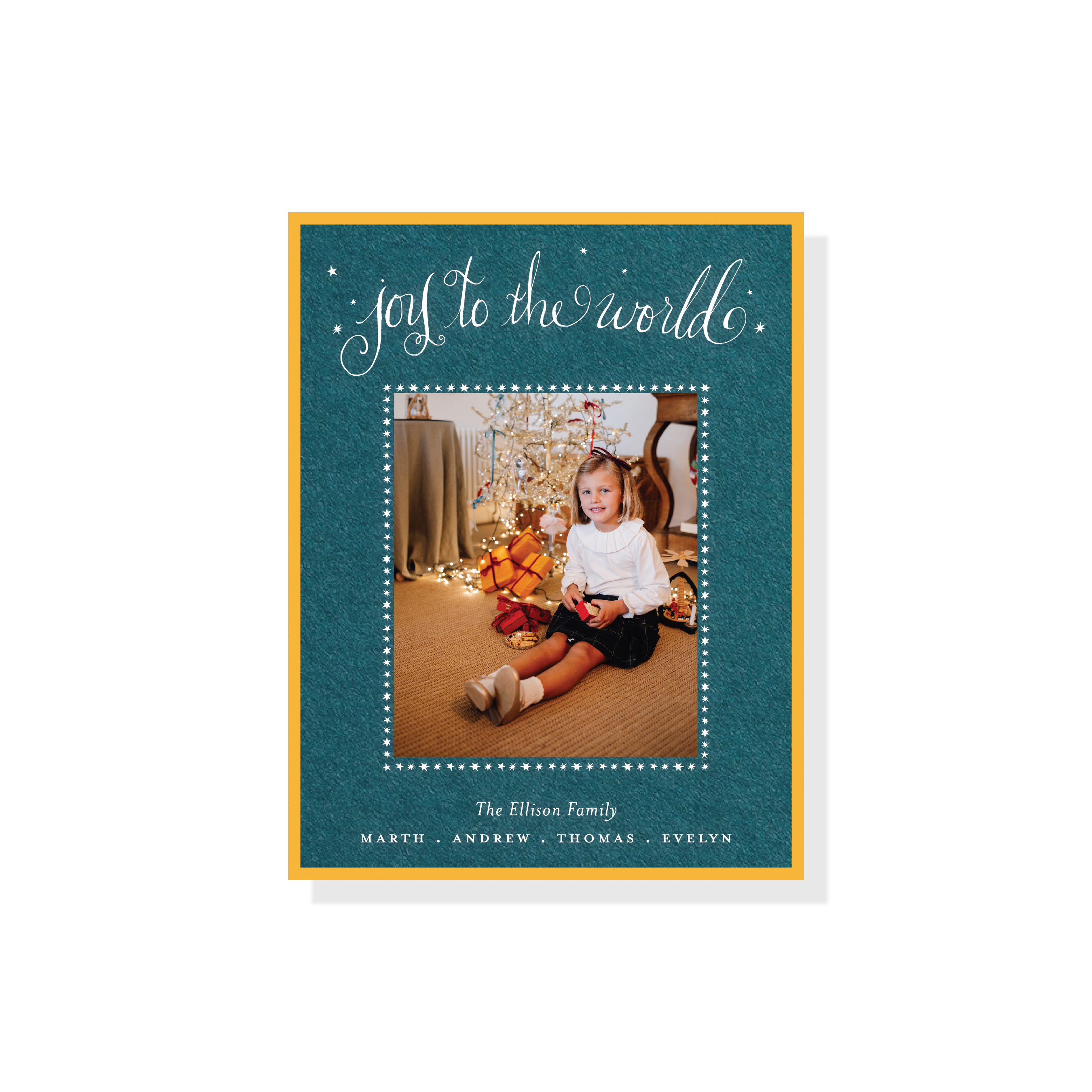 Ellison Engraved Christmas Photo Card with a family photograph, pen-and-ink “Joy to the World” artwork, and traditional engraved details.