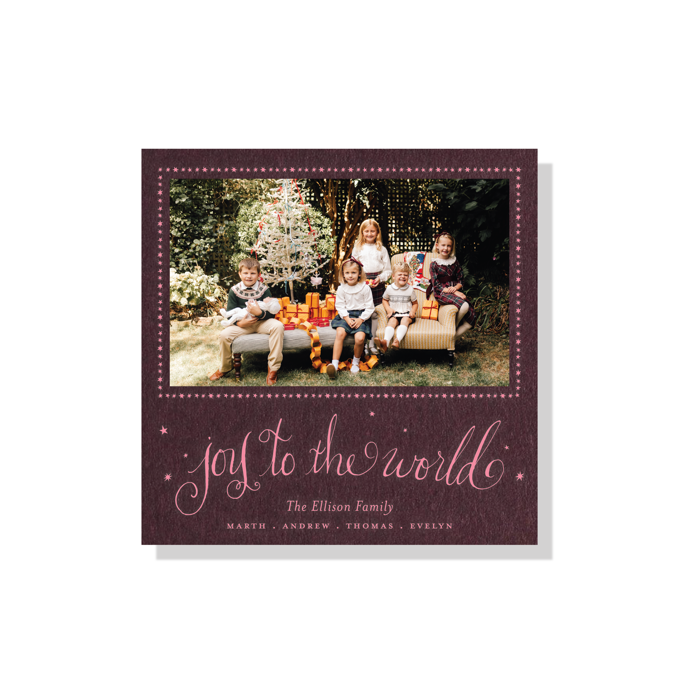 Luxury Ellison Engraved Holiday Card featuring “Joy to the World” calligraphy, hand-drawn stars, and a personalized family photo.